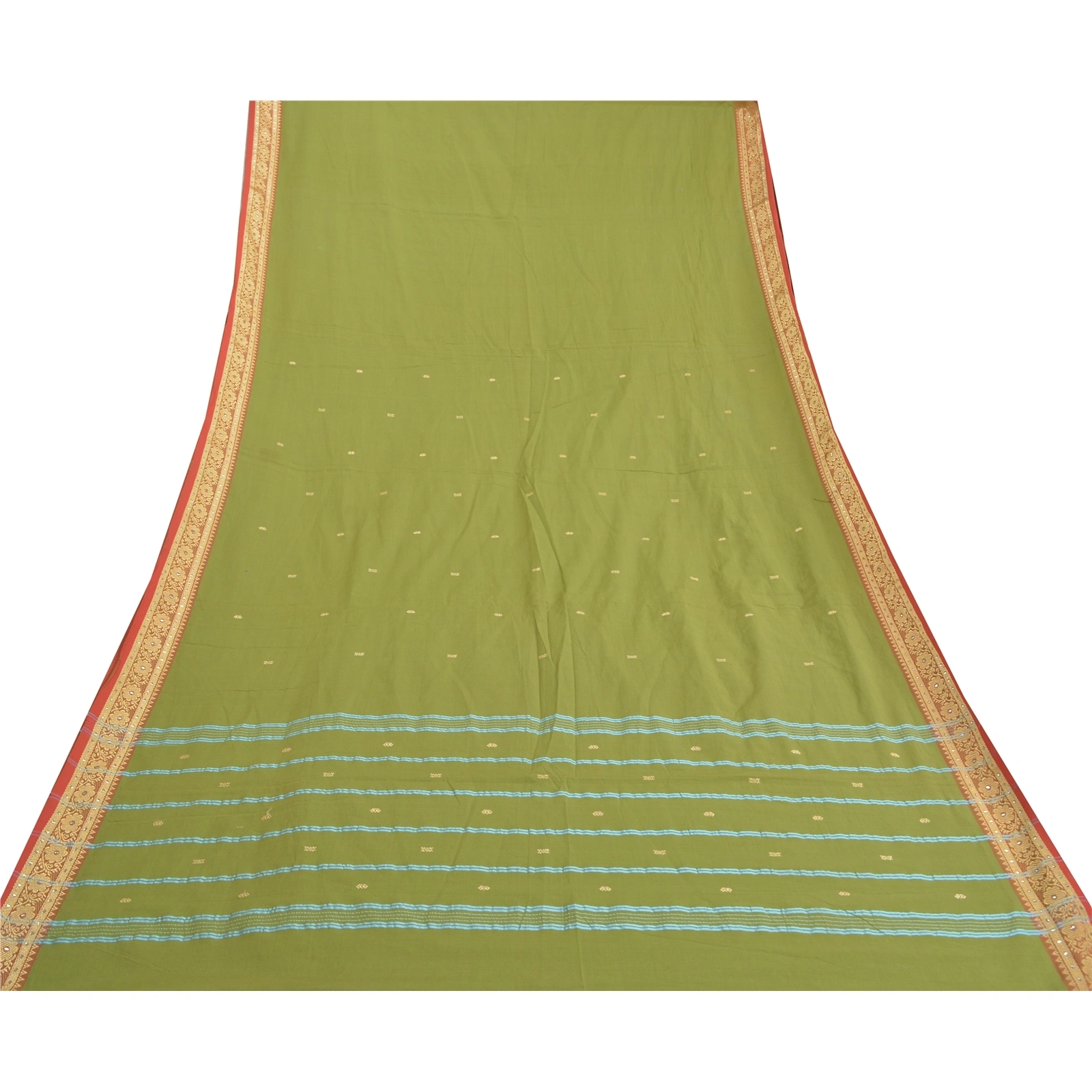 Sanskriti Vintage Green Sarees Blend Cotton Handwoven Bengali Tant Saree Fabric, PS-57849-Green-Hand Woven Work-Blend Cotton-9