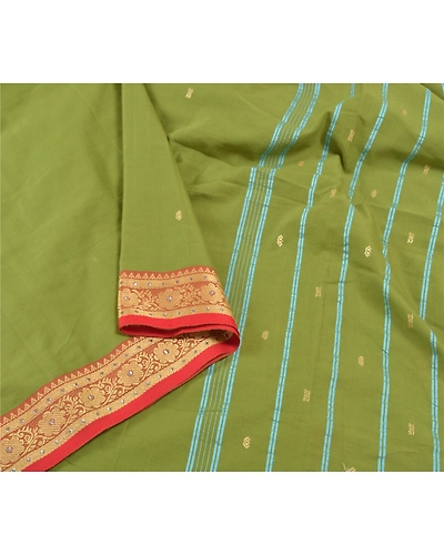 Sanskriti Vintage Green Sarees Blend Cotton Handwoven Bengali Tant Saree Fabric, PS-57849-Green-Hand Woven Work-Blend Cotton-10