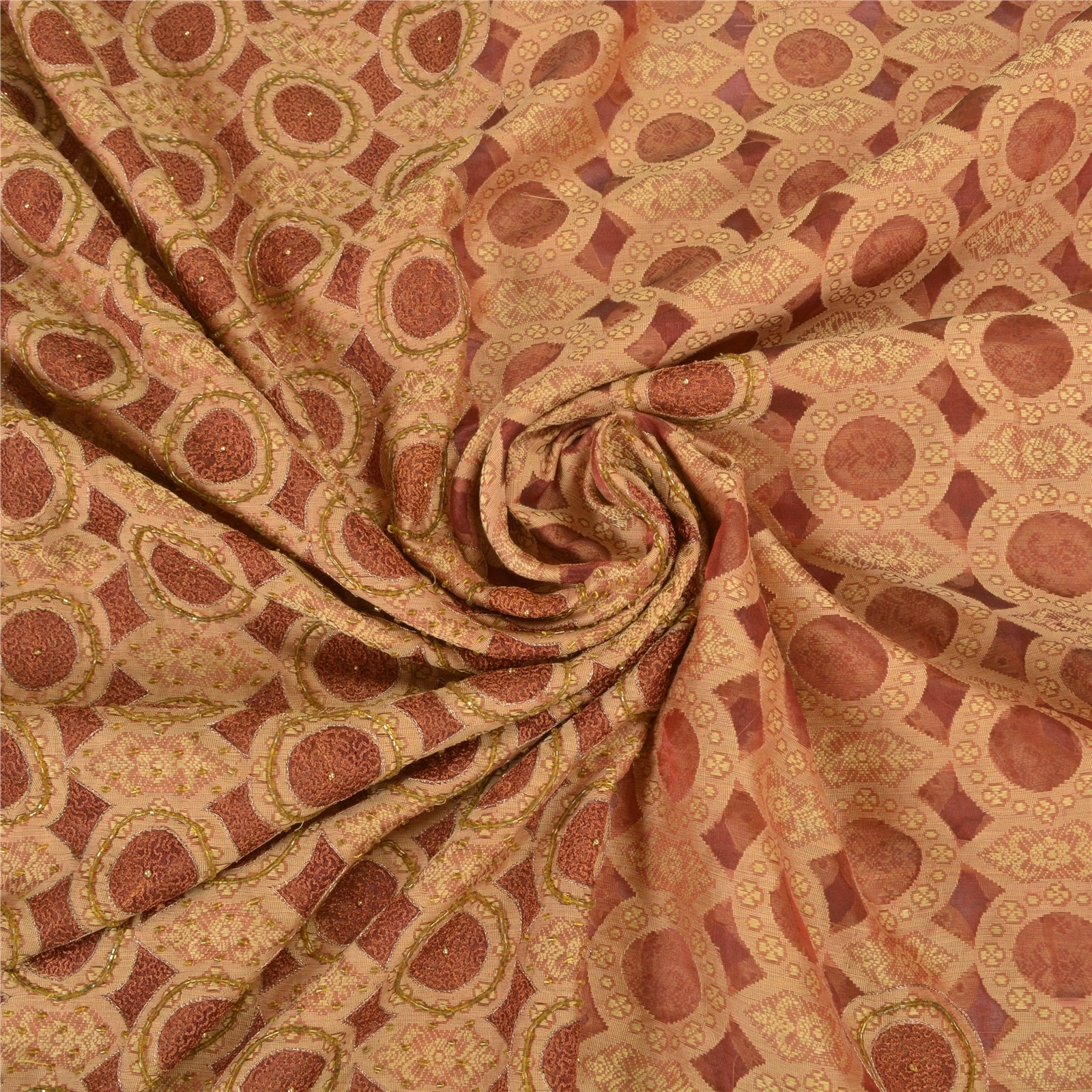 Sanskriti Vintage Brick Red Sarees Pure Organza Silk Beaded Premium Sari Fabric, PS-57856-Brick Red-Hand-Woven Work-100% Pure Orange Silk-6