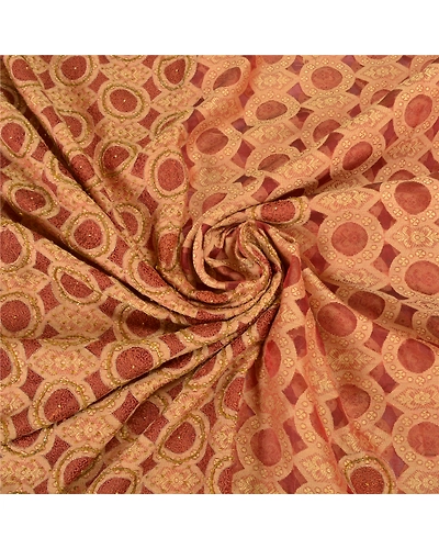 Sanskriti Vintage Brick Red Sarees Pure Organza Silk Beaded Premium Sari Fabric, PS-57856-Brick Red-Hand-Woven Work-100% Pure Orange Silk-6