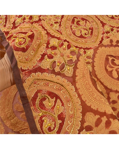 Sanskriti Vintage Red Sarees Pure Organza Silk Hand Beaded Cultural Sari Fabric, PS-57881-Red-Hand-Woven Work-100% Pure Orange Silk-5