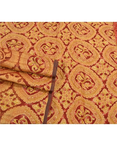 Sanskriti Vintage Red Sarees Pure Organza Silk Hand Beaded Cultural Sari Fabric, PS-57881-Red-Hand-Woven Work-100% Pure Orange Silk-8