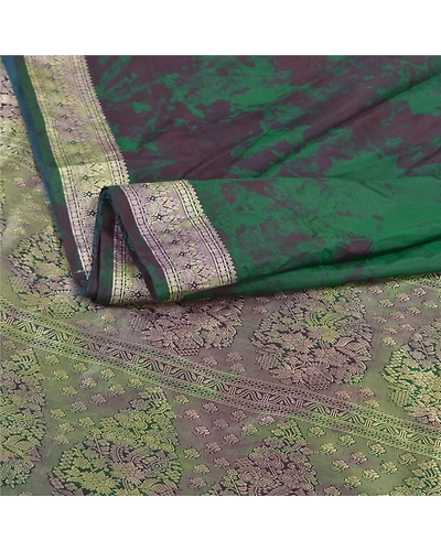 Sanskriti Vintage Green Sarees 100% Pure Silk Woven Tie-Dye Sari Craft Fabric, PS-57942-Green-Tie &amp; Dye Work-100% Pure Silk-2