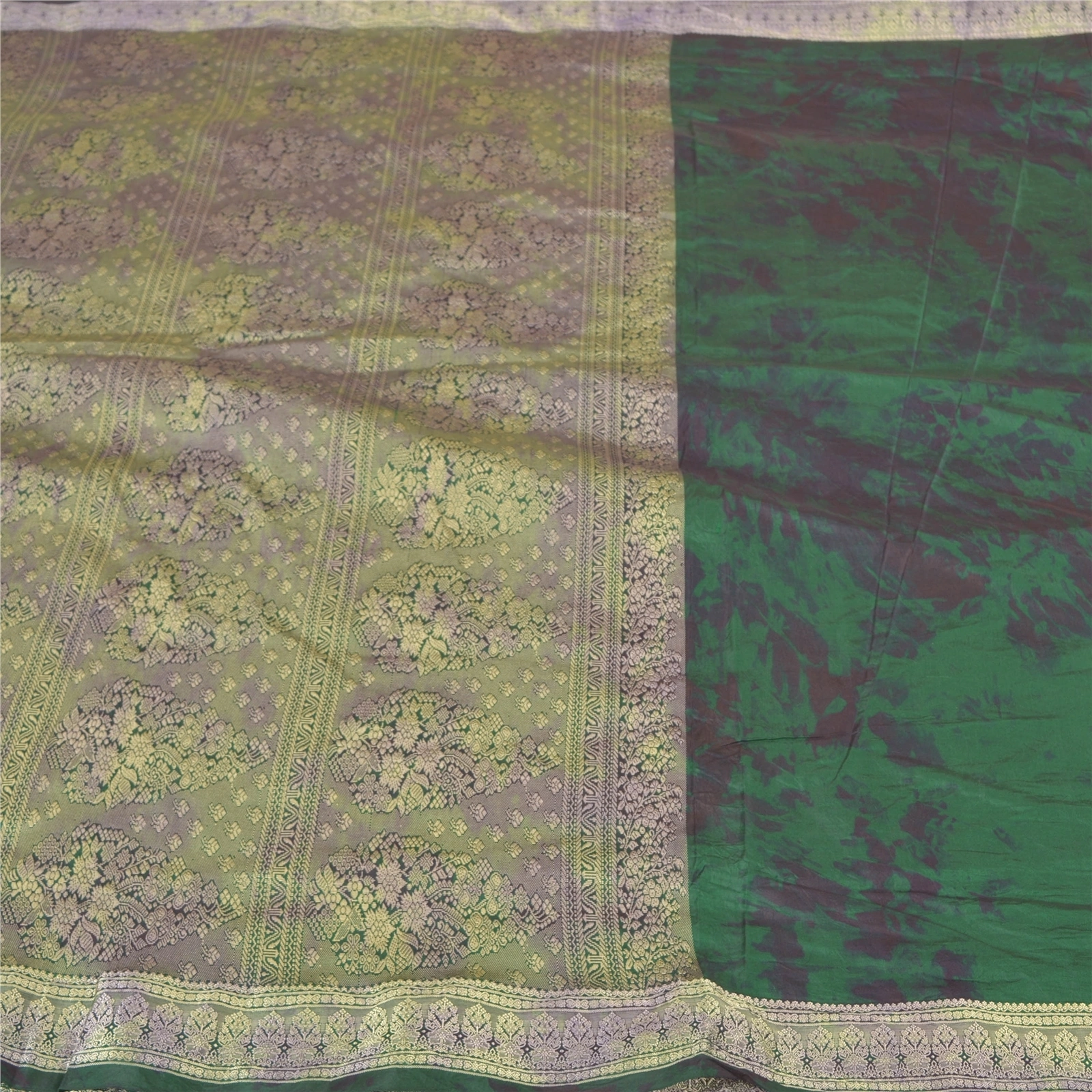 Sanskriti Vintage Green Sarees 100% Pure Silk Woven Tie-Dye Sari Craft Fabric, PS-57942-Green-Tie &amp; Dye Work-100% Pure Silk-4