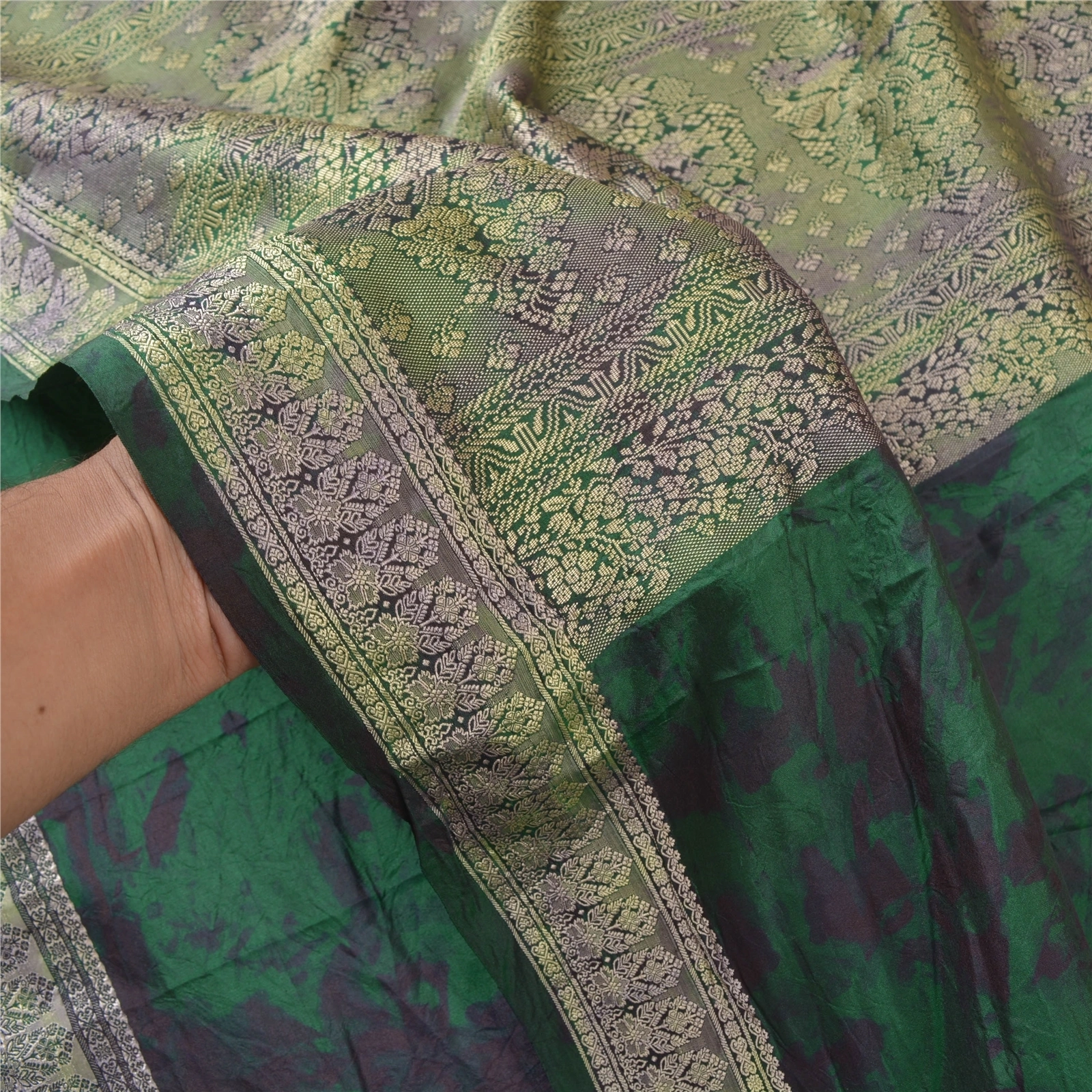 Sanskriti Vintage Green Sarees 100% Pure Silk Woven Tie-Dye Sari Craft Fabric, PS-57942-Green-Tie &amp; Dye Work-100% Pure Silk-5