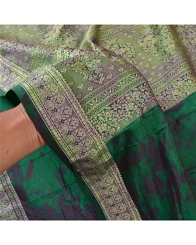 Sanskriti Vintage Green Sarees 100% Pure Silk Woven Tie-Dye Sari Craft Fabric, PS-57942-Green-Tie &amp; Dye Work-100% Pure Silk-5