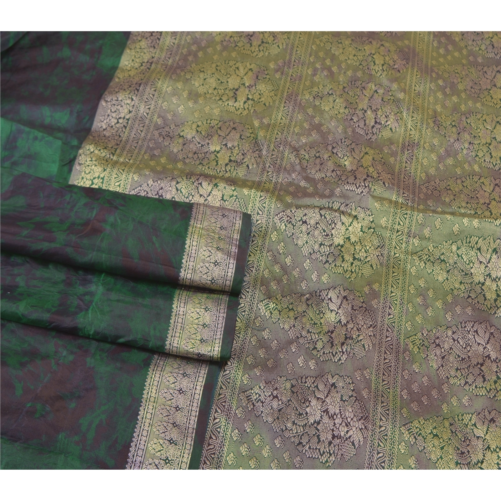 Sanskriti Vintage Green Sarees 100% Pure Silk Woven Tie-Dye Sari Craft Fabric, PS-57942-Green-Tie &amp; Dye Work-100% Pure Silk-8