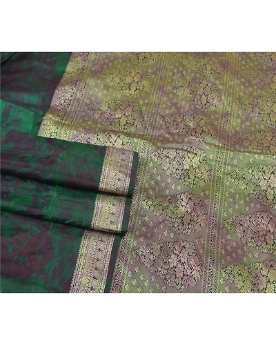 Sanskriti Vintage Green Sarees 100% Pure Silk Woven Tie-Dye Sari Craft Fabric, PS-57942-Green-Tie &amp; Dye Work-100% Pure Silk-8