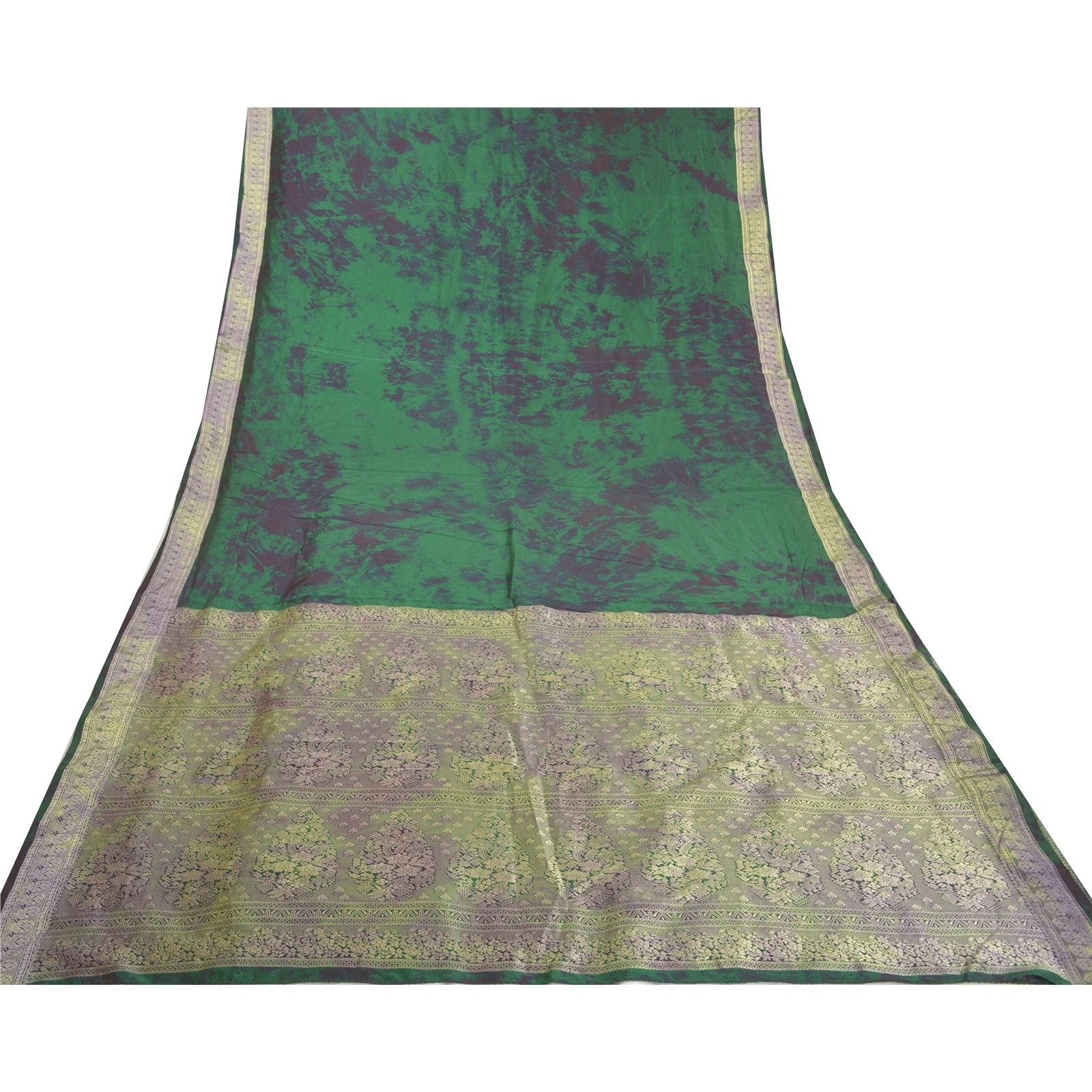 Sanskriti Vintage Green Sarees 100% Pure Silk Woven Tie-Dye Sari Craft Fabric, PS-57942-Green-Tie &amp; Dye Work-100% Pure Silk-9