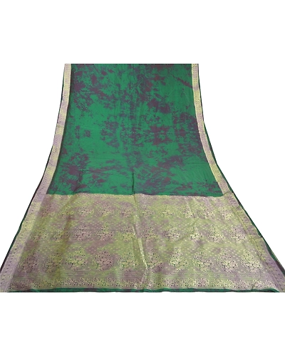 Sanskriti Vintage Green Sarees 100% Pure Silk Woven Tie-Dye Sari Craft Fabric, PS-57942-Green-Tie &amp; Dye Work-100% Pure Silk-9