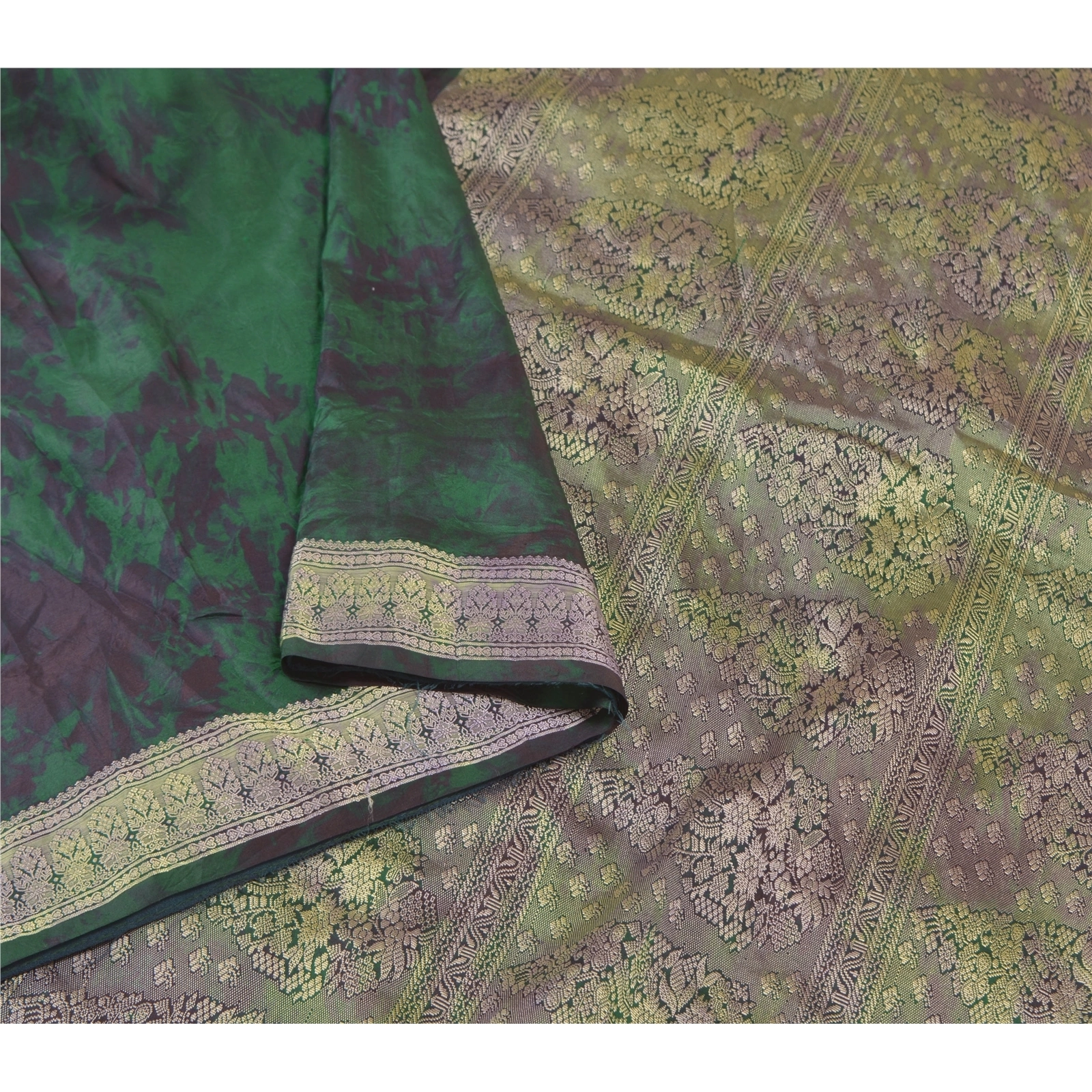 Sanskriti Vintage Green Sarees 100% Pure Silk Woven Tie-Dye Sari Craft Fabric, PS-57942-Green-Tie &amp; Dye Work-100% Pure Silk-10