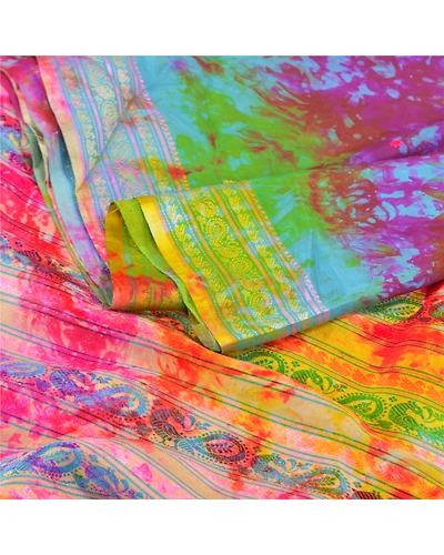 Sanskriti Vintage Indian Sarees 100% Pure Silk Woven Tie-Dye Sari Craft Fabric, PS-57971-Multi Color-Woven Work-100% Pure Silk-2