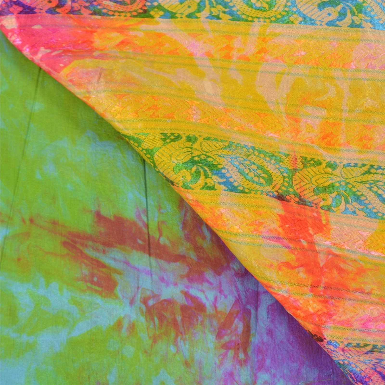 Sanskriti Vintage Indian Sarees 100% Pure Silk Woven Tie-Dye Sari Craft Fabric, PS-57971-Multi Color-Woven Work-100% Pure Silk-3