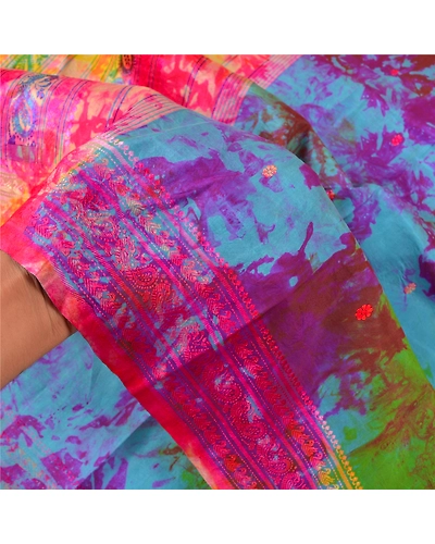 Sanskriti Vintage Indian Sarees 100% Pure Silk Woven Tie-Dye Sari Craft Fabric, PS-57971-Multi Color-Woven Work-100% Pure Silk-5