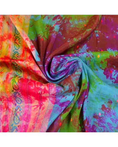 Sanskriti Vintage Indian Sarees 100% Pure Silk Woven Tie-Dye Sari Craft Fabric, PS-57971-Multi Color-Woven Work-100% Pure Silk-7