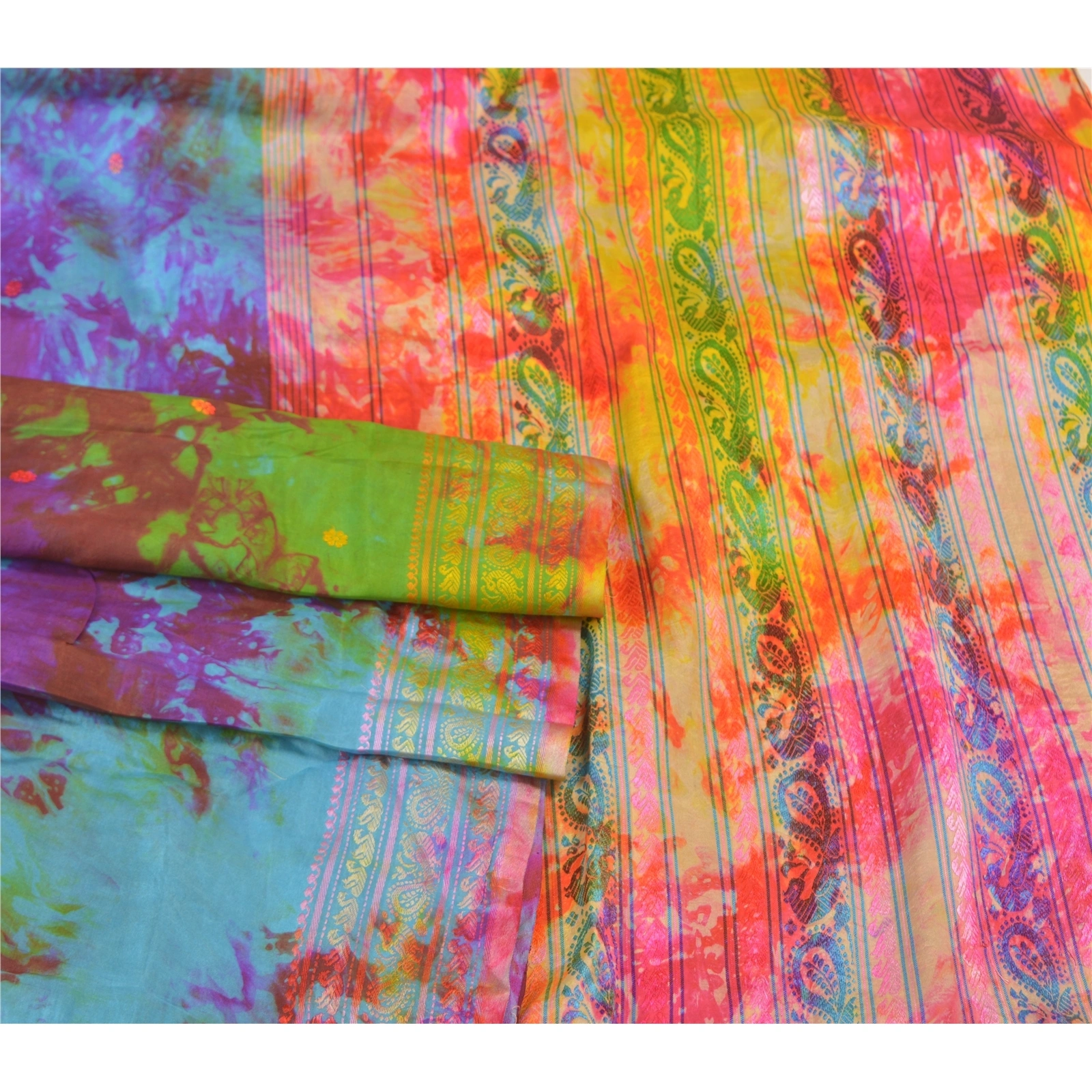 Sanskriti Vintage Indian Sarees 100% Pure Silk Woven Tie-Dye Sari Craft Fabric, PS-57971-Multi Color-Woven Work-100% Pure Silk-8