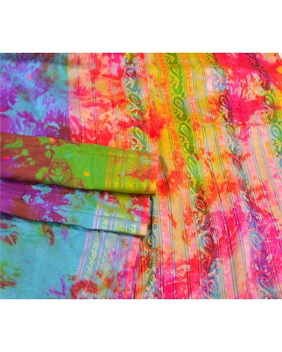 Sanskriti Vintage Indian Sarees 100% Pure Silk Woven Tie-Dye Sari Craft Fabric, PS-57971-Multi Color-Woven Work-100% Pure Silk-8