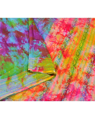 Sanskriti Vintage Indian Sarees 100% Pure Silk Woven Tie-Dye Sari Craft Fabric, PS-57971-Multi Color-Woven Work-100% Pure Silk-10