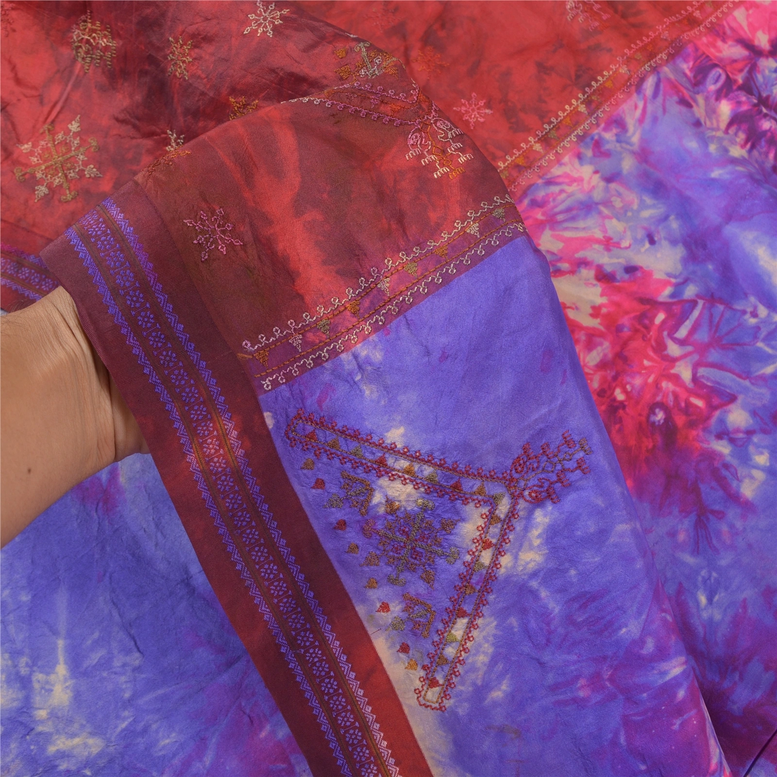 Sanskriti Vintage Indian Sarees Pure Silk Embroidered Sindhi Tie-Dye Sari Fabric, PS-57979-Multi Color-Thread Work-100% Pure Silk-5