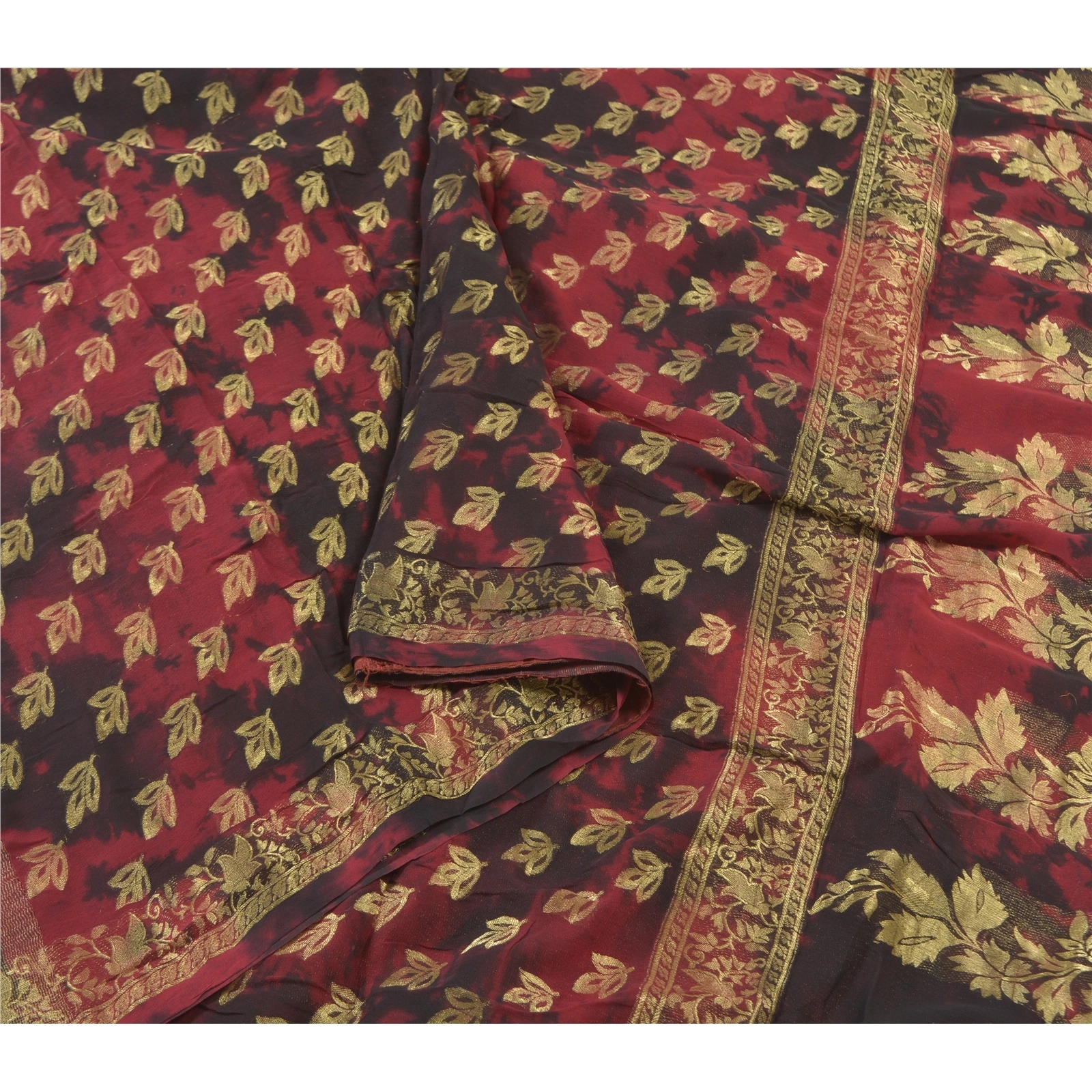 Sanskriti Vintage Sarees Pure Georgette Silk Hand-Woven Tie-Dye Sari Fabric, PS-57983-Dark Red &amp; Black-Hand-Woven Work-100% Pure Georgette Silk-10