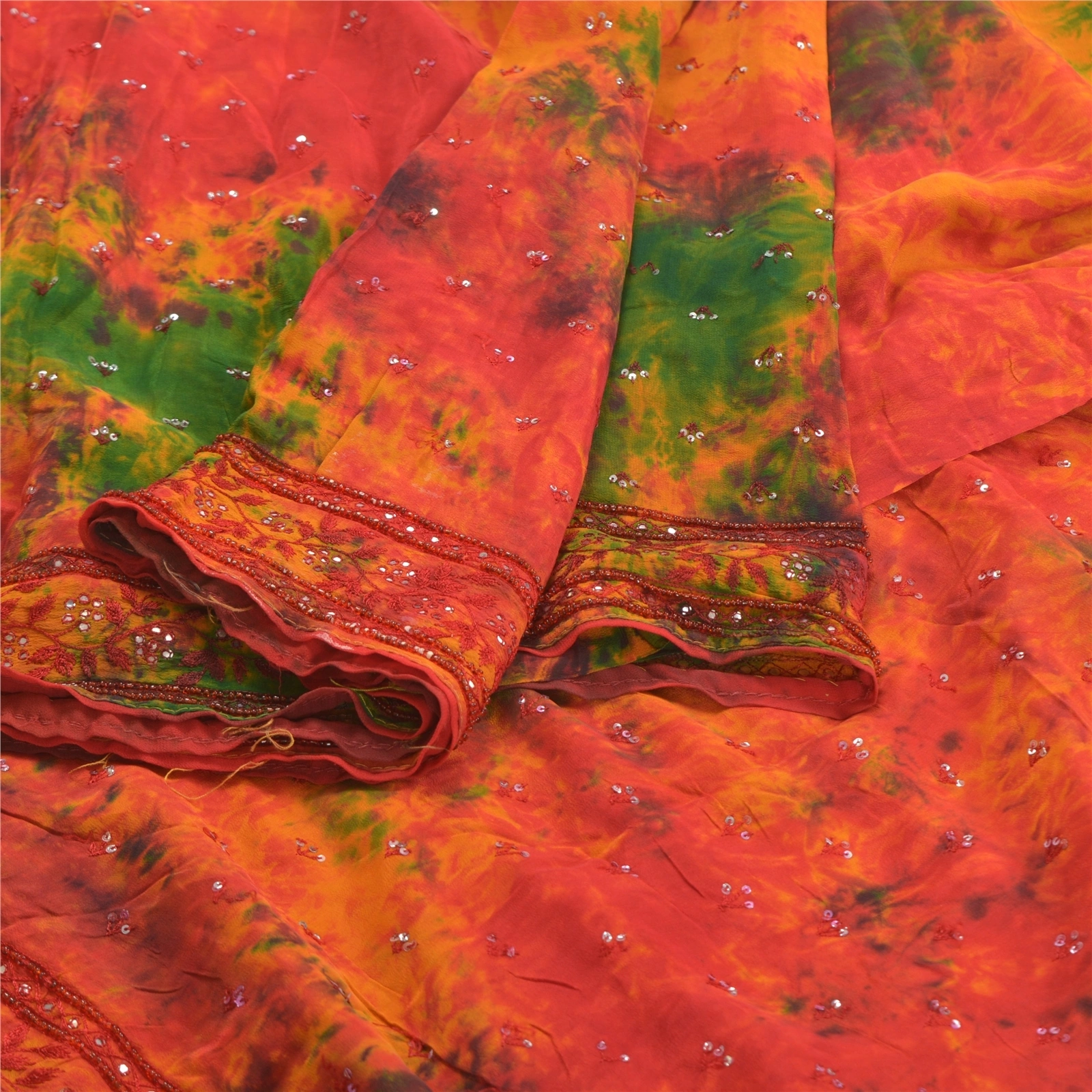 Sanskriti Vintage Orange Sarees Pure Crepe Silk Hand Beaded Tie-Dye Sari Fabric, PS-57986-Shade Of Orange-Hand-Woven Work-100% Pure Crepe Silk-2