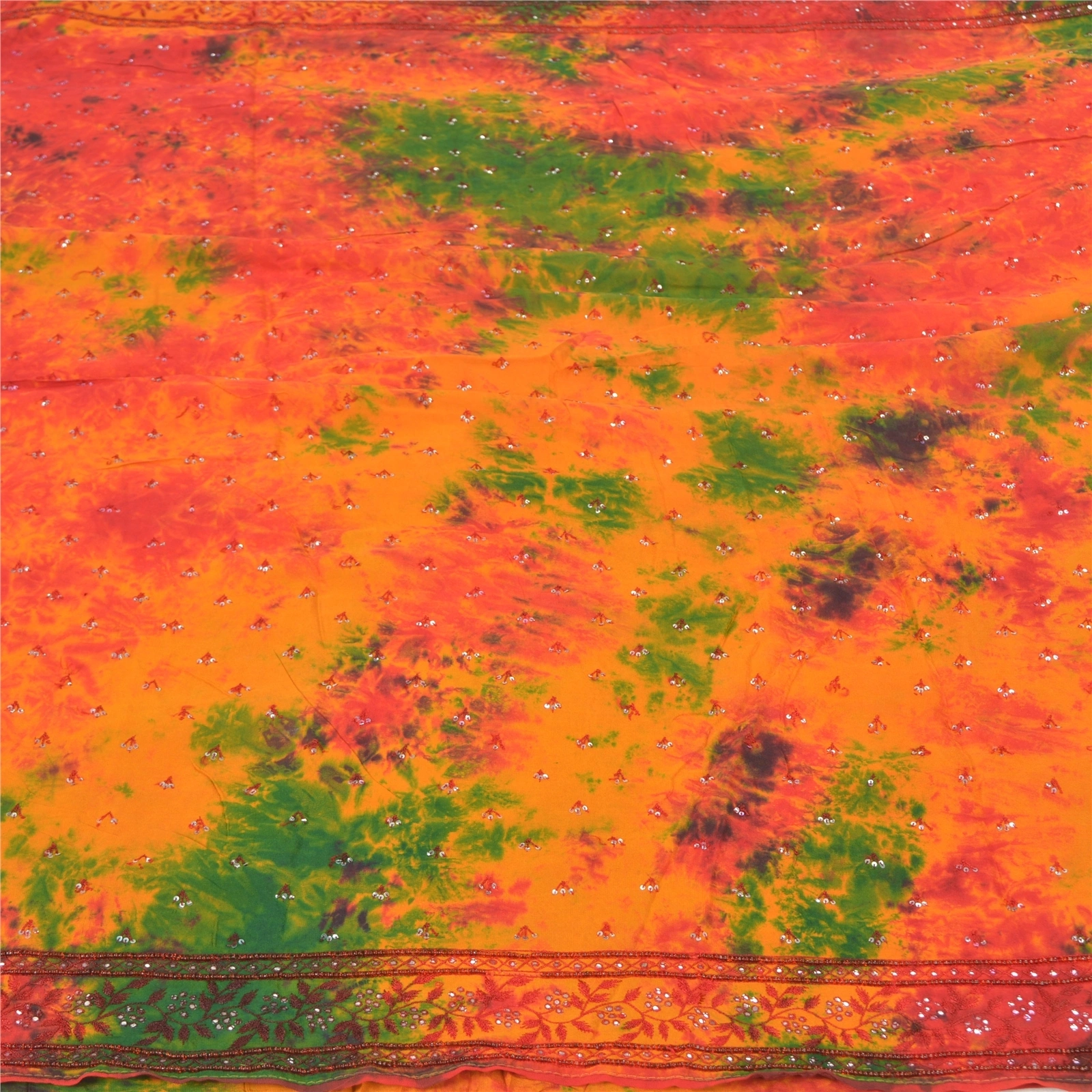 Sanskriti Vintage Orange Sarees Pure Crepe Silk Hand Beaded Tie-Dye Sari Fabric, PS-57986-Shade Of Orange-Hand-Woven Work-100% Pure Crepe Silk-4