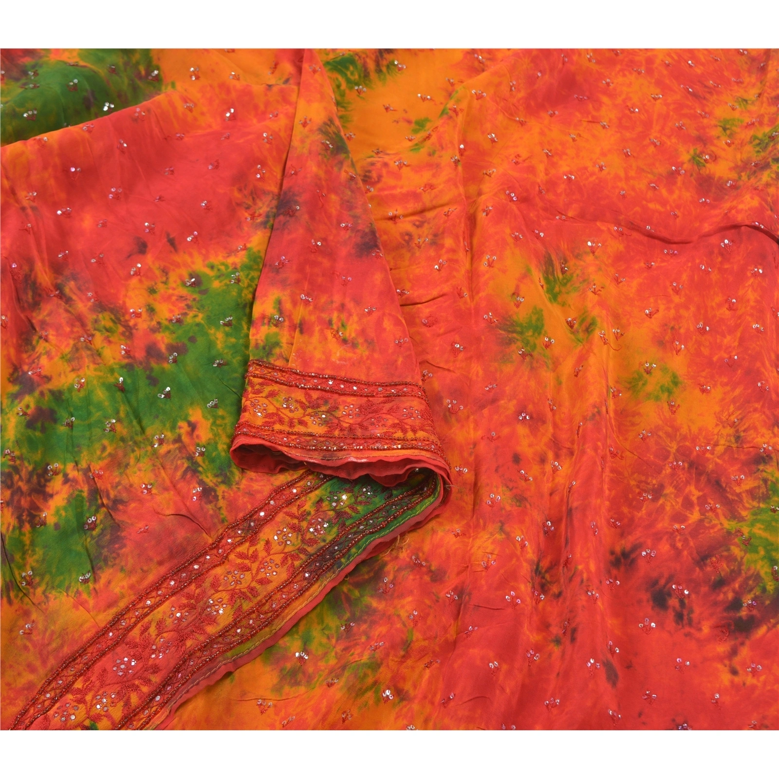 Sanskriti Vintage Orange Sarees Pure Crepe Silk Hand Beaded Tie-Dye Sari Fabric, PS-57986-Shade Of Orange-Hand-Woven Work-100% Pure Crepe Silk-10