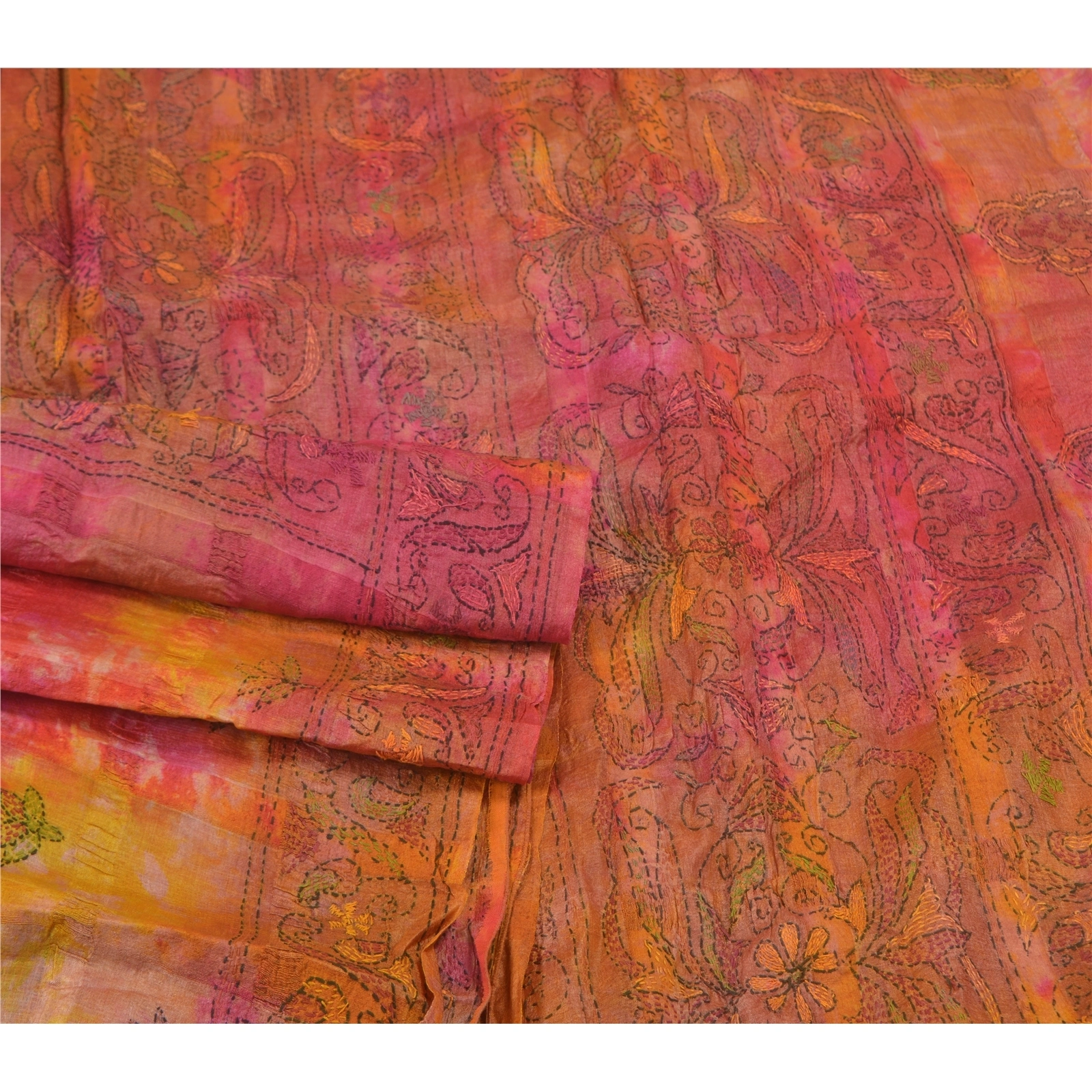 Sanskriti Vintage Sarees Pure Silk Hand Embroidered Kantha Premium Sari Fabric, PS-57987-Multi Color-Thread Work-100% Pure Silk-7