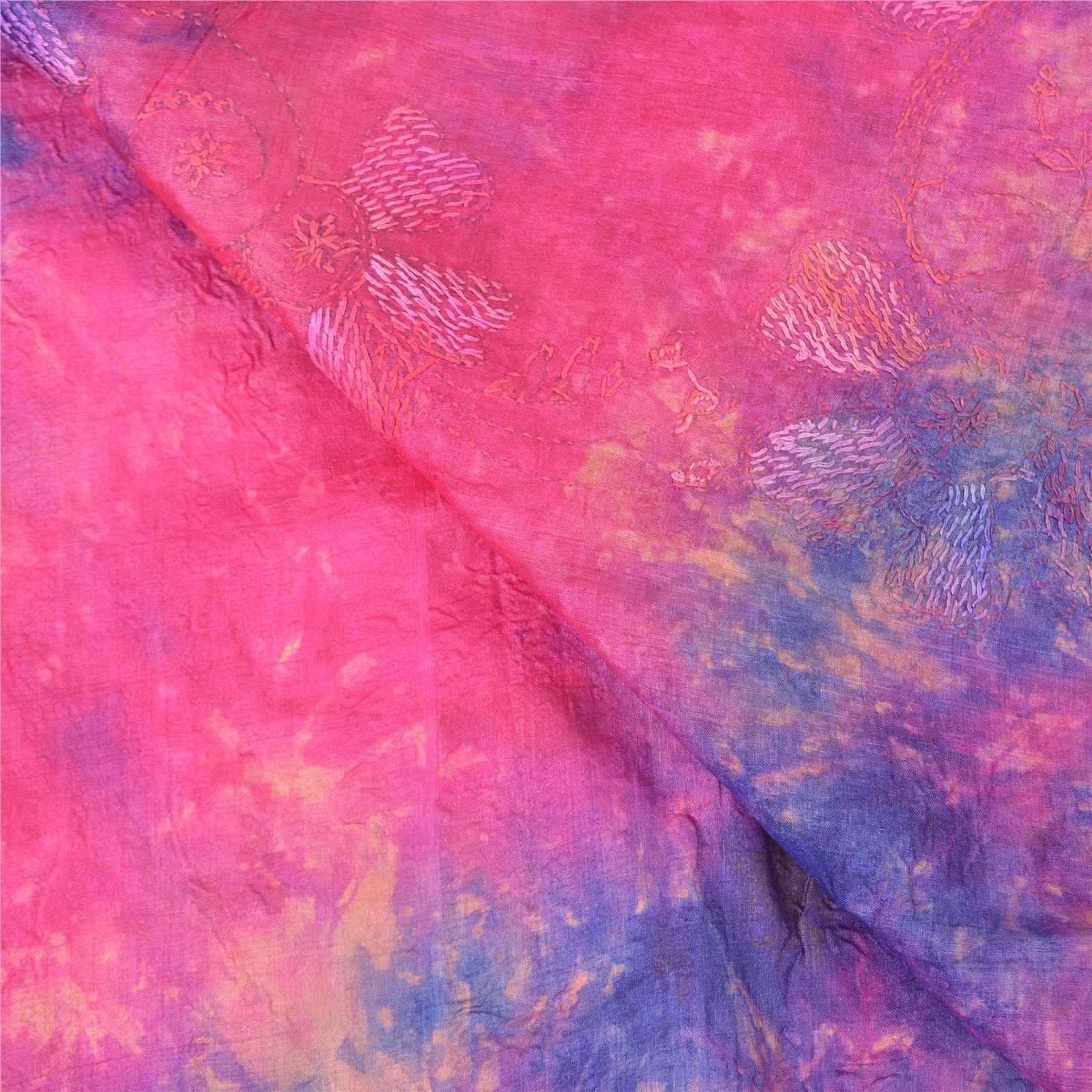 Sanskriti Vintage Sarees Pure Silk Hand Embroidered Kantha Premium Sari Fabric, PS-57988-Pink &amp; Purple-Thread Work-100% Pure Silk-2