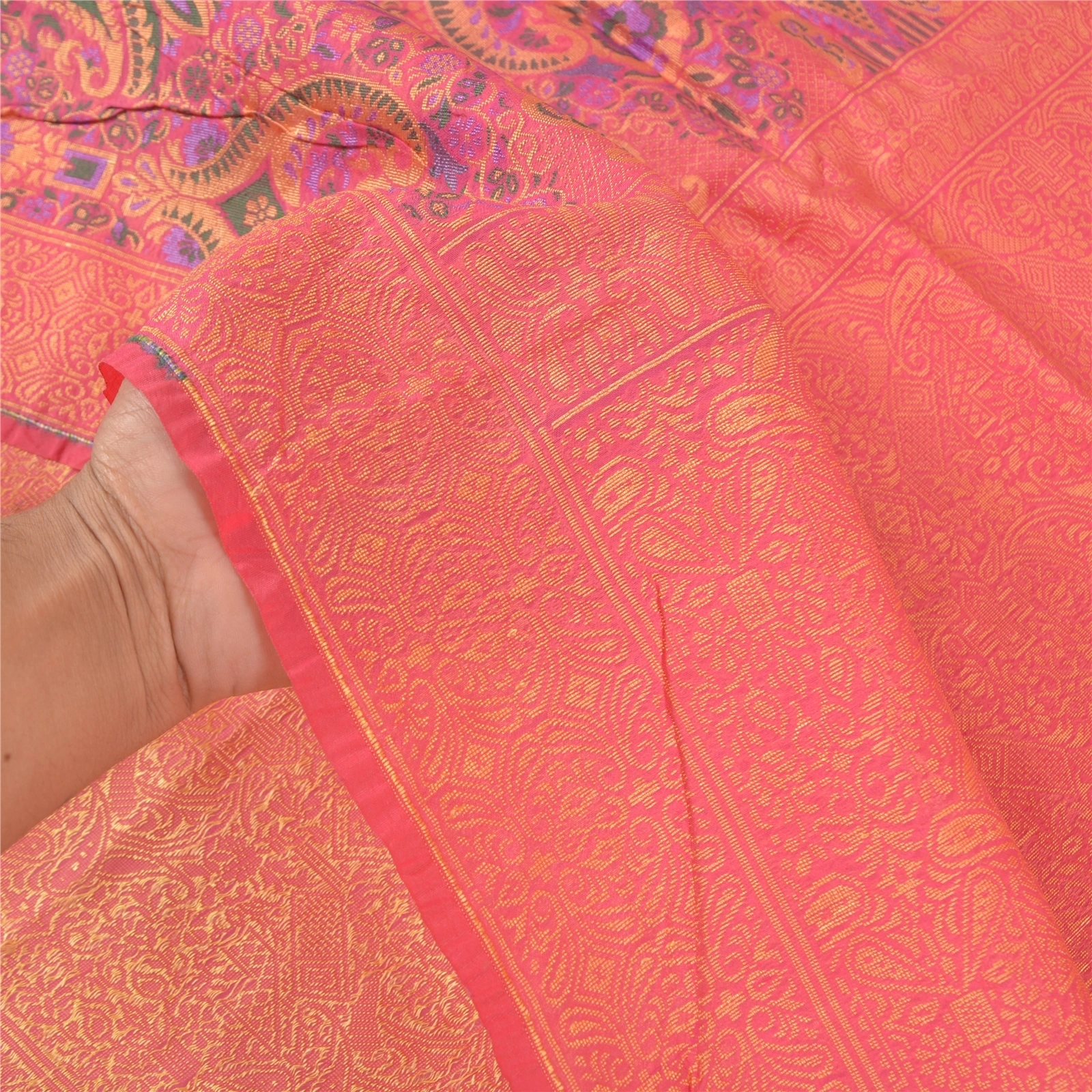 Sanskriti Vintage Peach Sarees Organza Hand-Woven Premium Sari Craft Fabric, PS-58003-Shade Of Peach-Hand-Woven Work-Organza-4