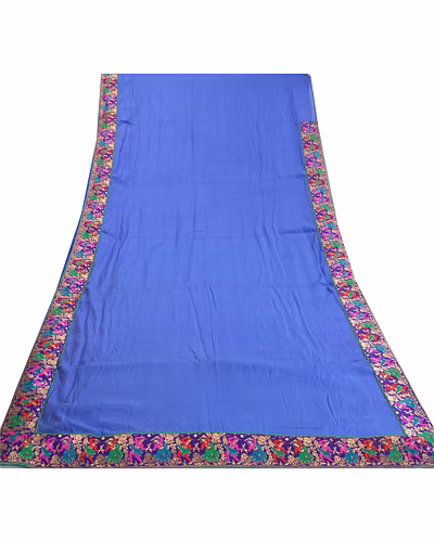 Sanskriti Vintage Blue Sarees Blend Silk Embroidered Premium Sari Craft Fabric, PS-58005-Shade Of Blue-Patch Work-Blend Silk-8