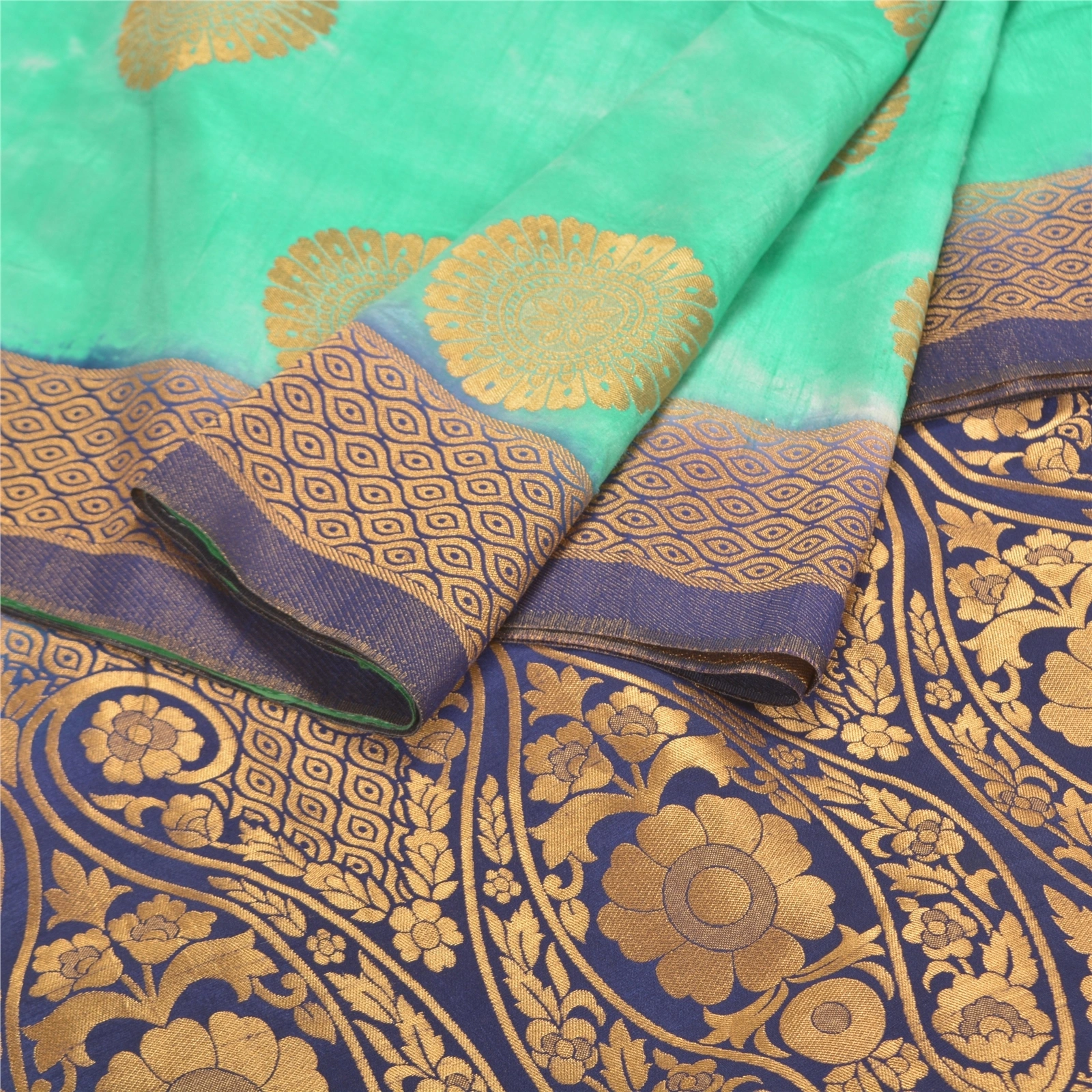 Sanskriti Vintage Green Sarees Art Silk Woven Premium Sari Craft 5 Yard Fabric, PS-58016-Green &amp; Blue-Woven Work-Art (Artificial) Silk-2