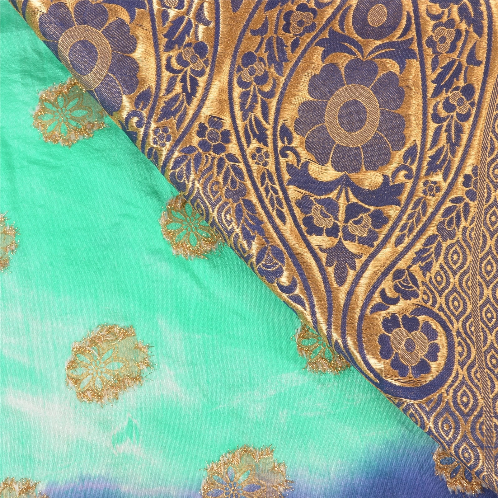 Sanskriti Vintage Green Sarees Art Silk Woven Premium Sari Craft 5 Yard Fabric, PS-58016-Green &amp; Blue-Woven Work-Art (Artificial) Silk-3