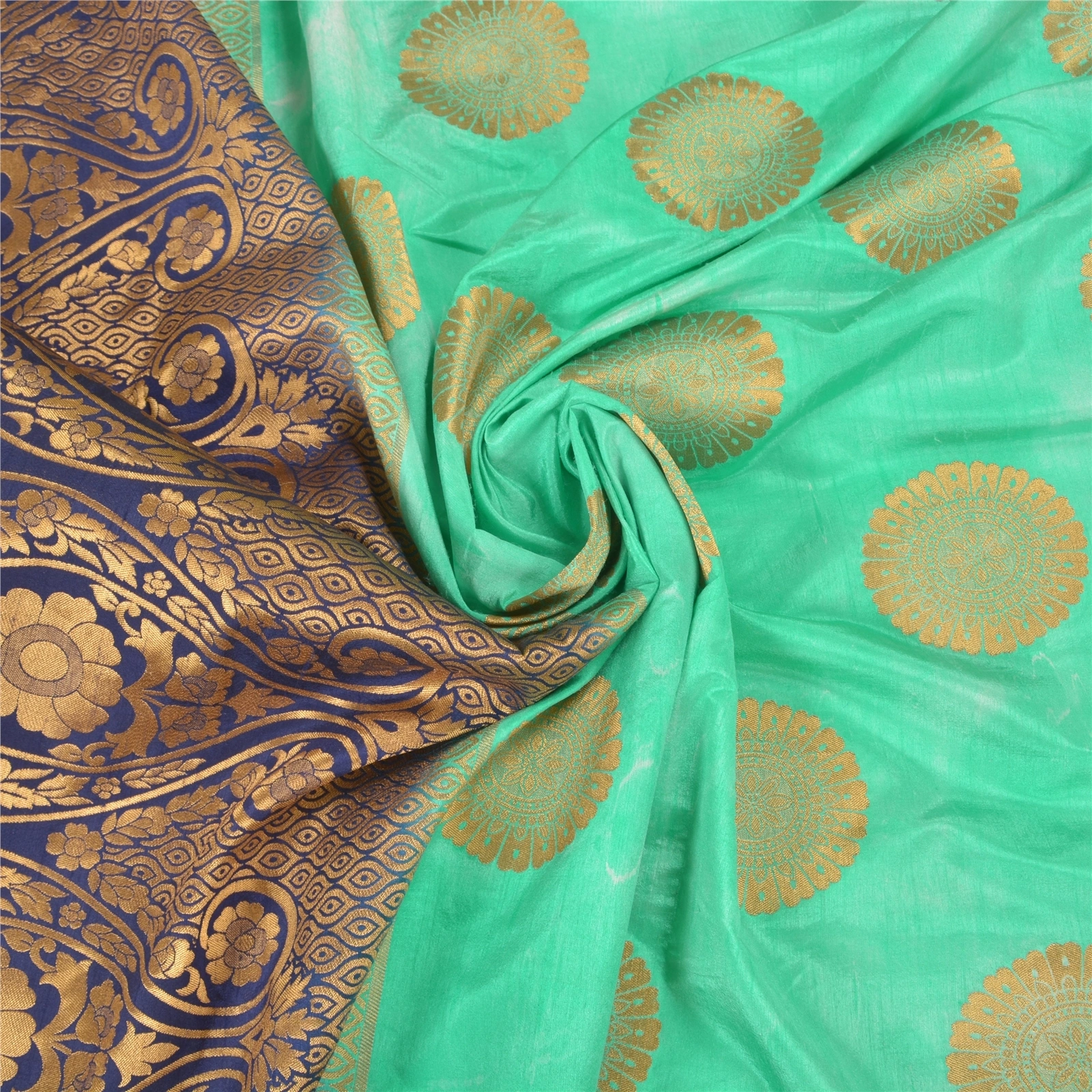 Sanskriti Vintage Green Sarees Art Silk Woven Premium Sari Craft 5 Yard Fabric, PS-58016-Green &amp; Blue-Woven Work-Art (Artificial) Silk-7