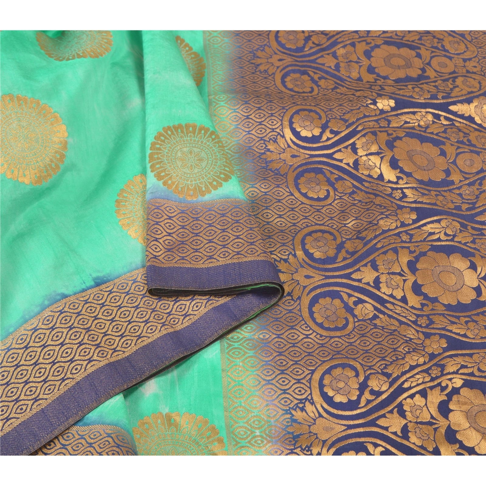 Sanskriti Vintage Green Sarees Art Silk Woven Premium Sari Craft 5 Yard Fabric, PS-58016-Green &amp; Blue-Woven Work-Art (Artificial) Silk-10