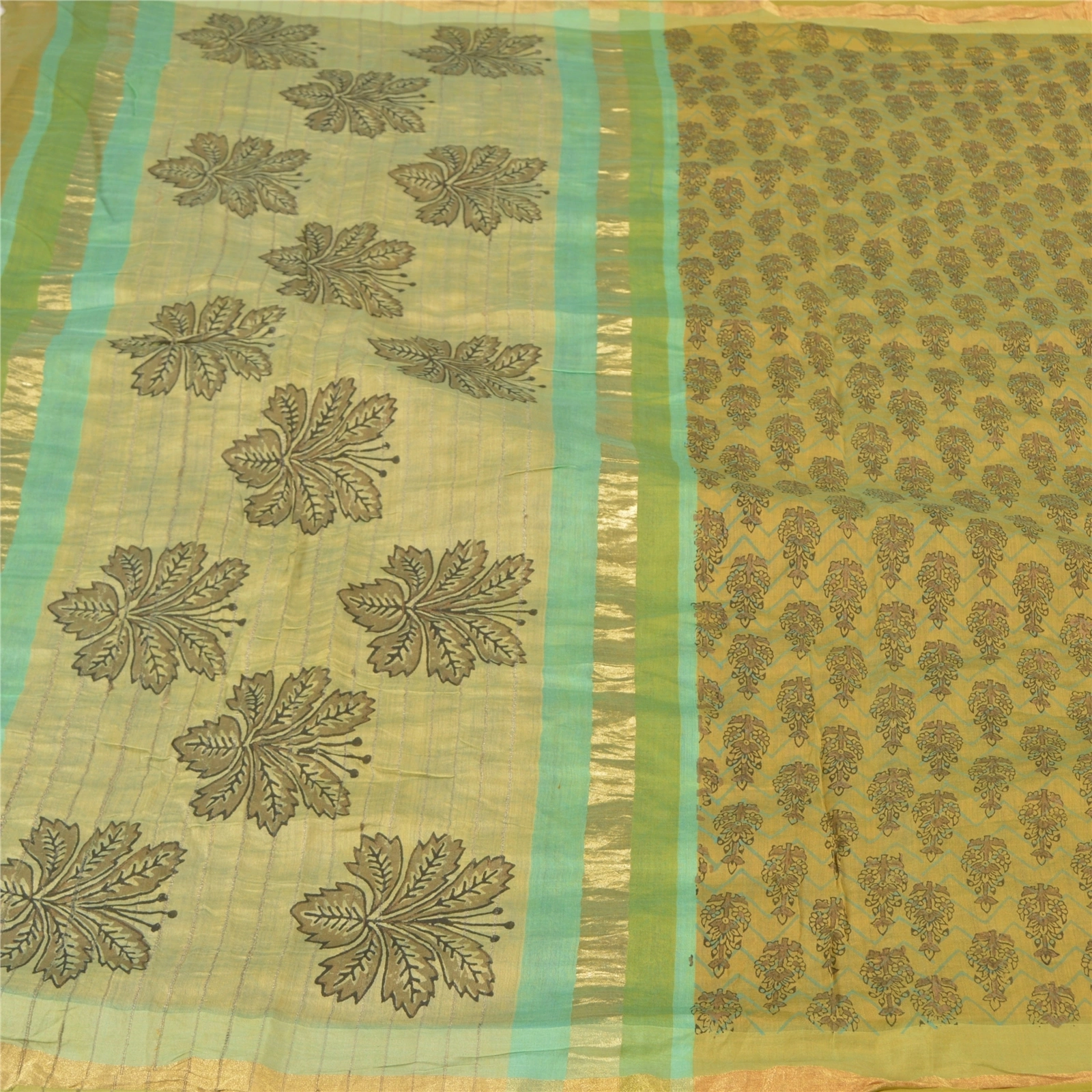 Sanskriti Vintage Green Sarees Pure Chanderi Silk Block Printed Sari Fabric, PS-58026-Shade Of Green-Block Printed Work-100% Pure Chanderi Silk-3