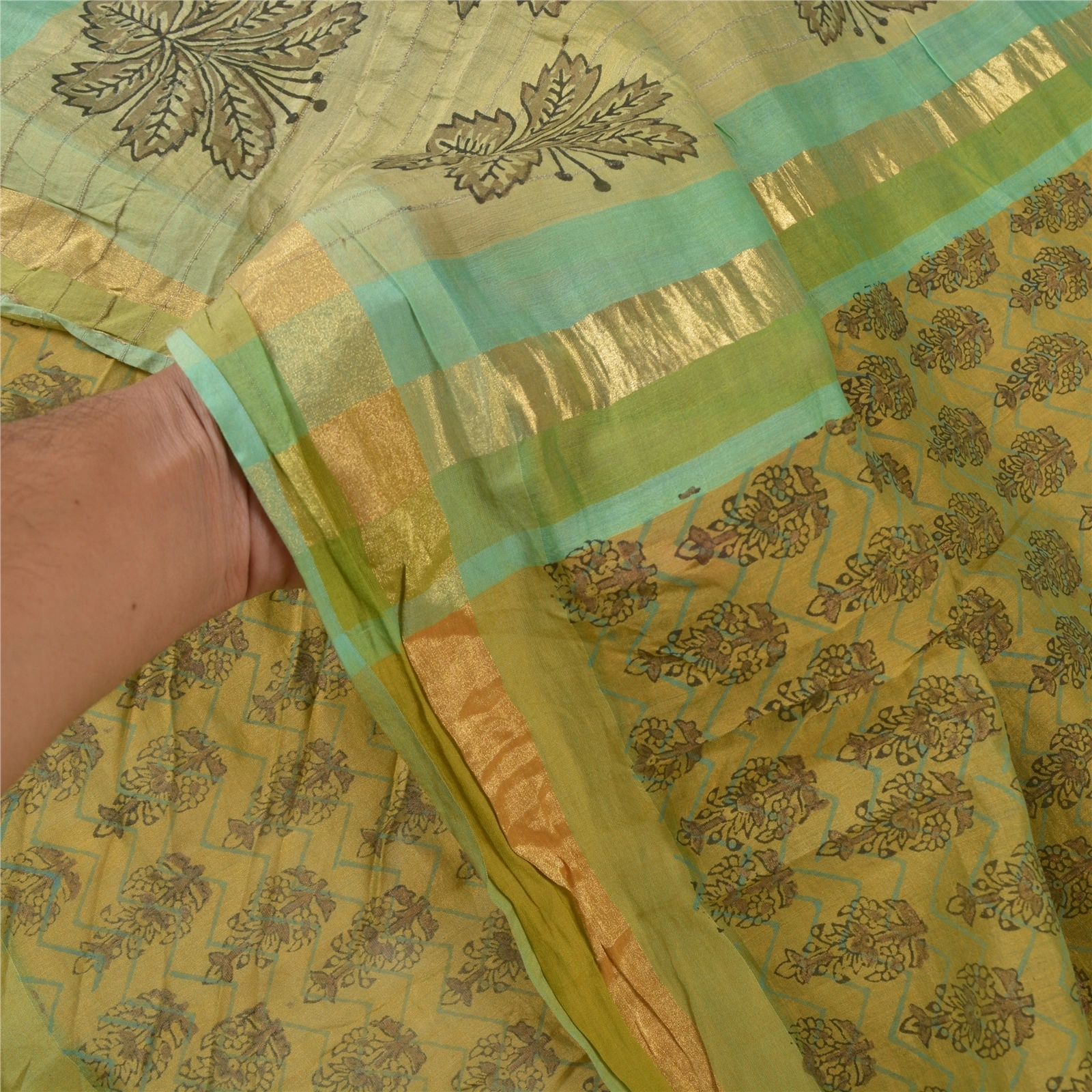 Sanskriti Vintage Green Sarees Pure Chanderi Silk Block Printed Sari Fabric, PS-58026-Shade Of Green-Block Printed Work-100% Pure Chanderi Silk-4