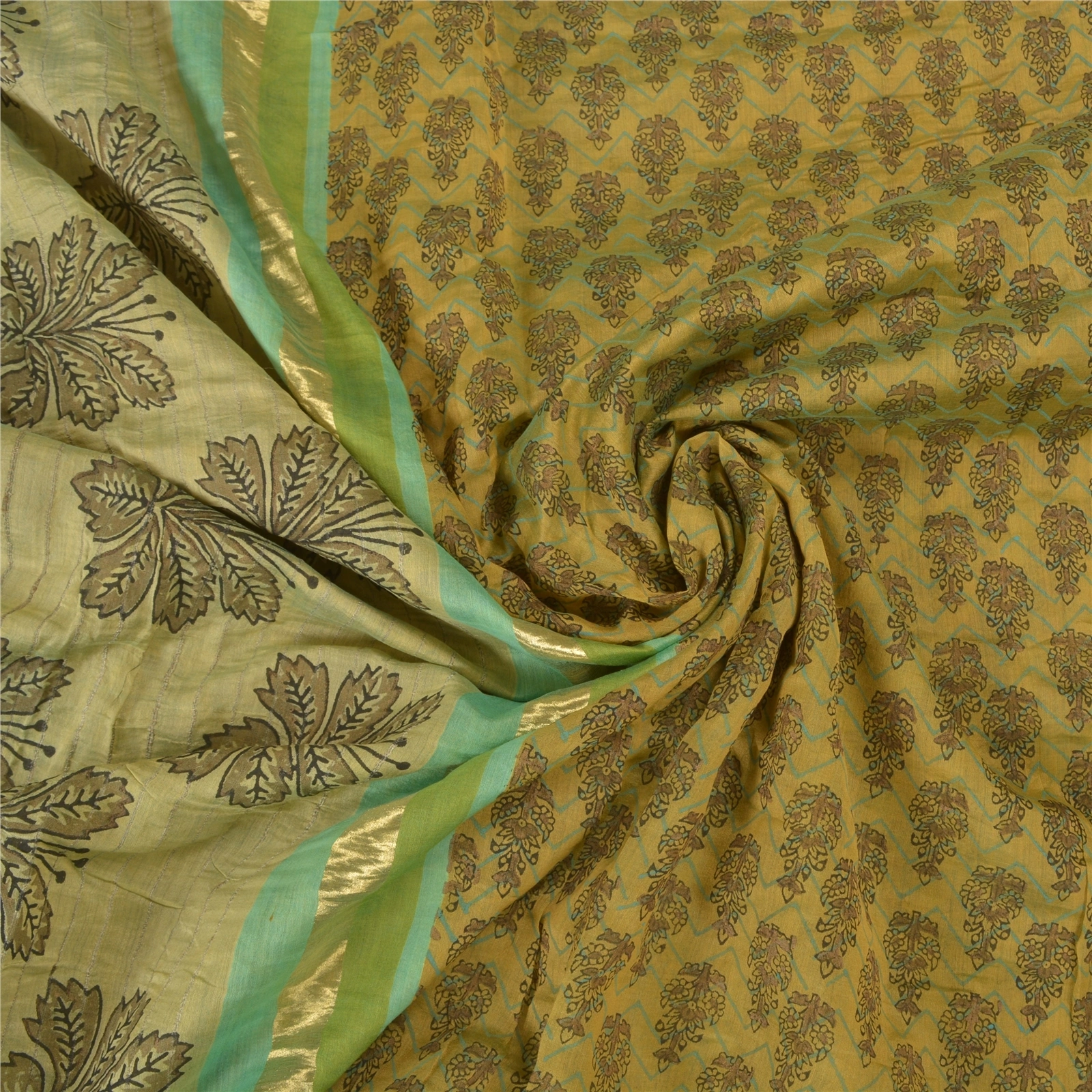 Sanskriti Vintage Green Sarees Pure Chanderi Silk Block Printed Sari Fabric, PS-58026-Shade Of Green-Block Printed Work-100% Pure Chanderi Silk-6