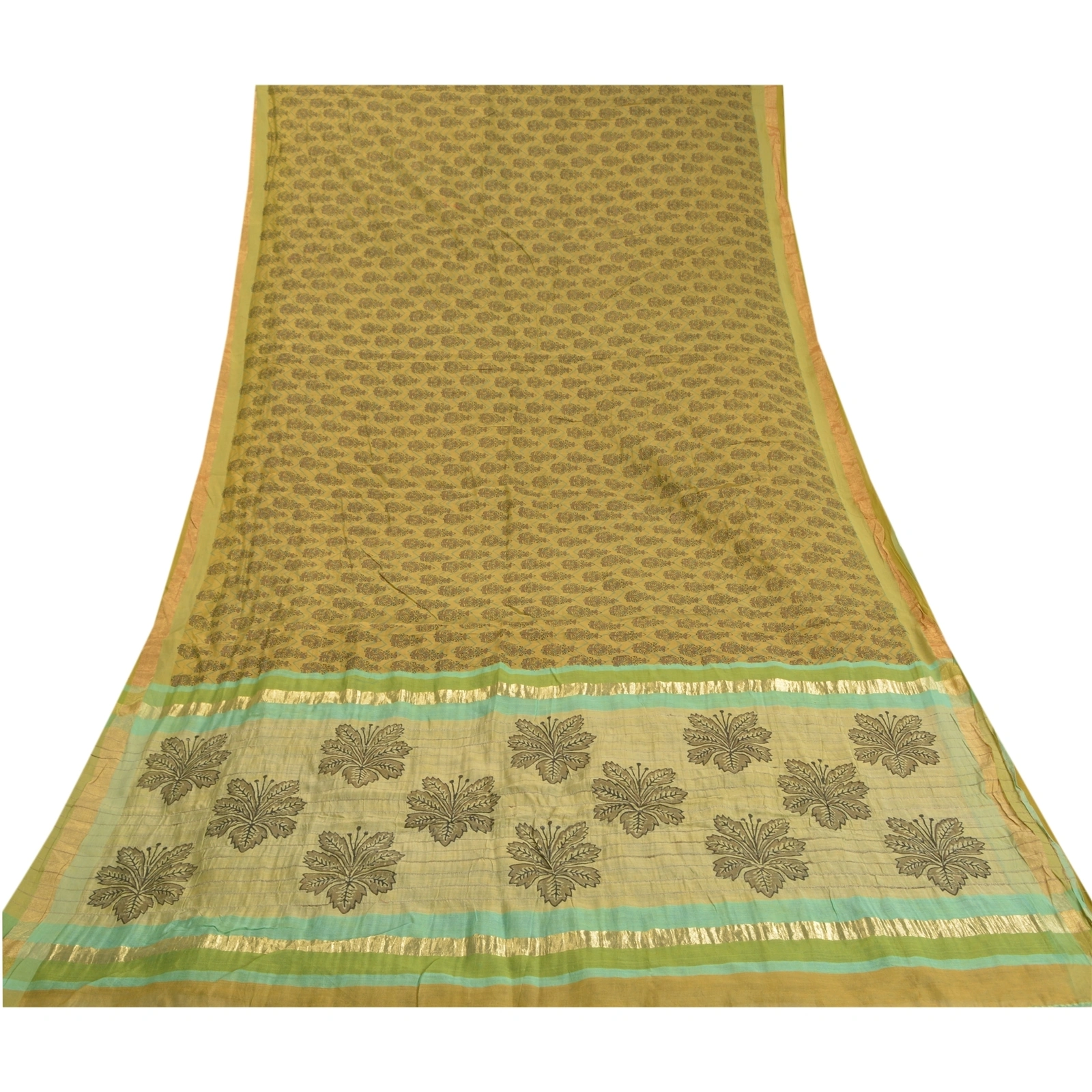 Sanskriti Vintage Green Sarees Pure Chanderi Silk Block Printed Sari Fabric, PS-58026-Shade Of Green-Block Printed Work-100% Pure Chanderi Silk-8