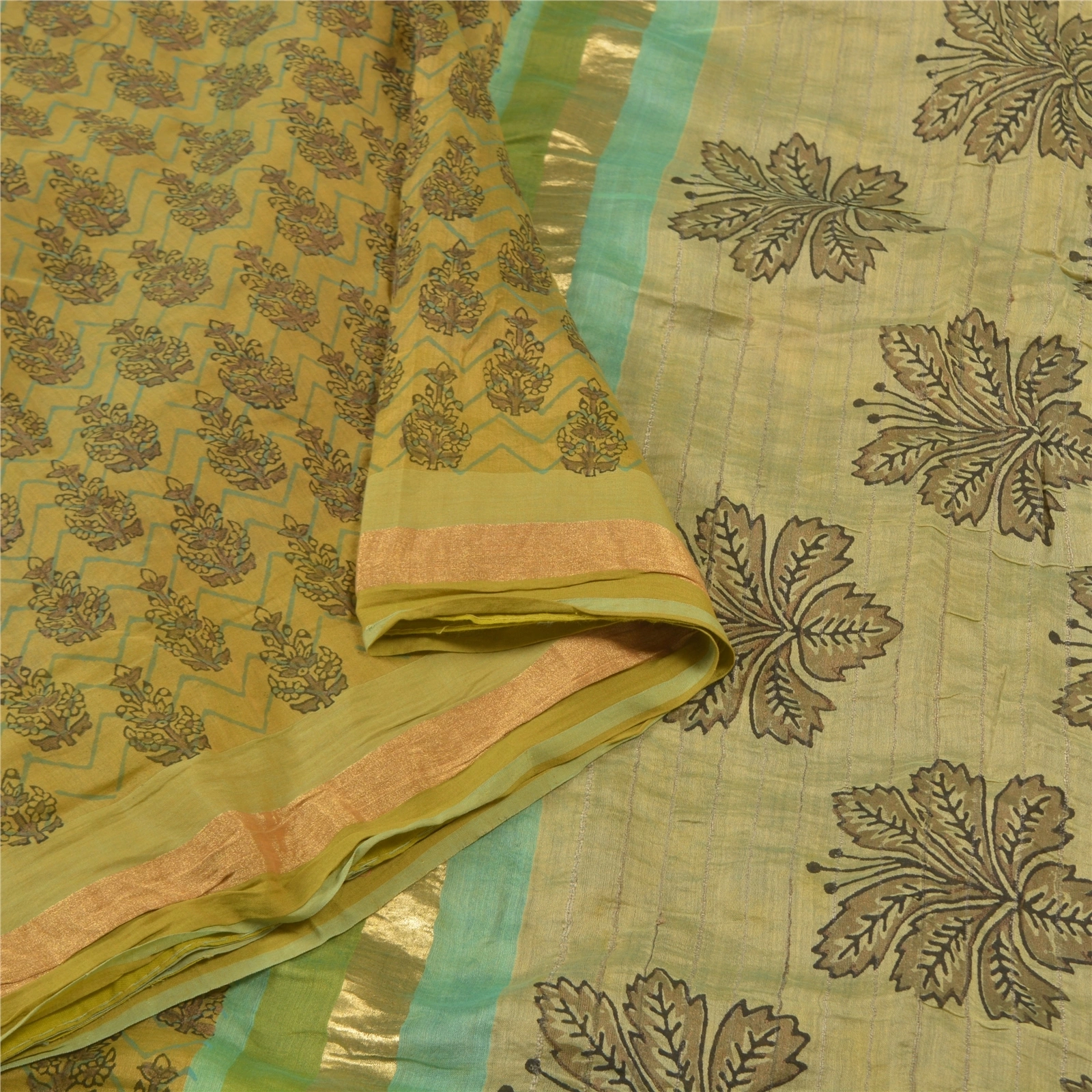 Sanskriti Vintage Green Sarees Pure Chanderi Silk Block Printed Sari Fabric, PS-58026-Shade Of Green-Block Printed Work-100% Pure Chanderi Silk-9