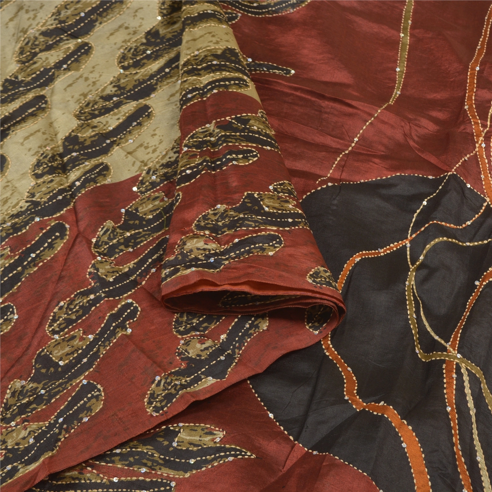 Sanskriti Vintage Ivory Sarees Pure Cotton Sari Hand Embroidered Kantha Fabric, PS-58062-Shade Of Ivory &amp; Dark Red-Thread Work-100% Pure Cotton-9