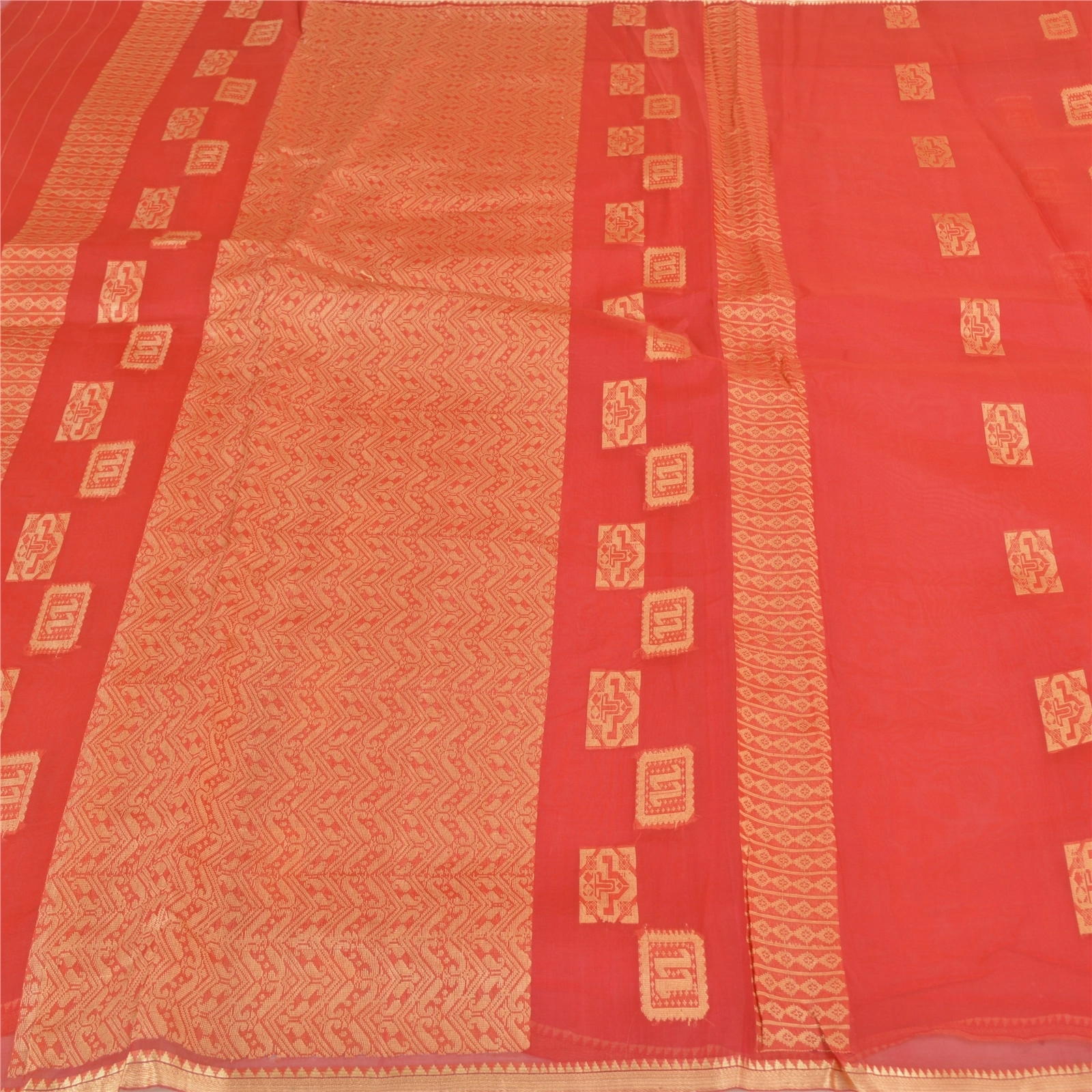 Sanskriti Vintage Red Saree Pure Organza Silk Handwoven Tant Craft Sari Fabric, PS-58079-Red-Hand Embroidered-Pure Organza Silk-3