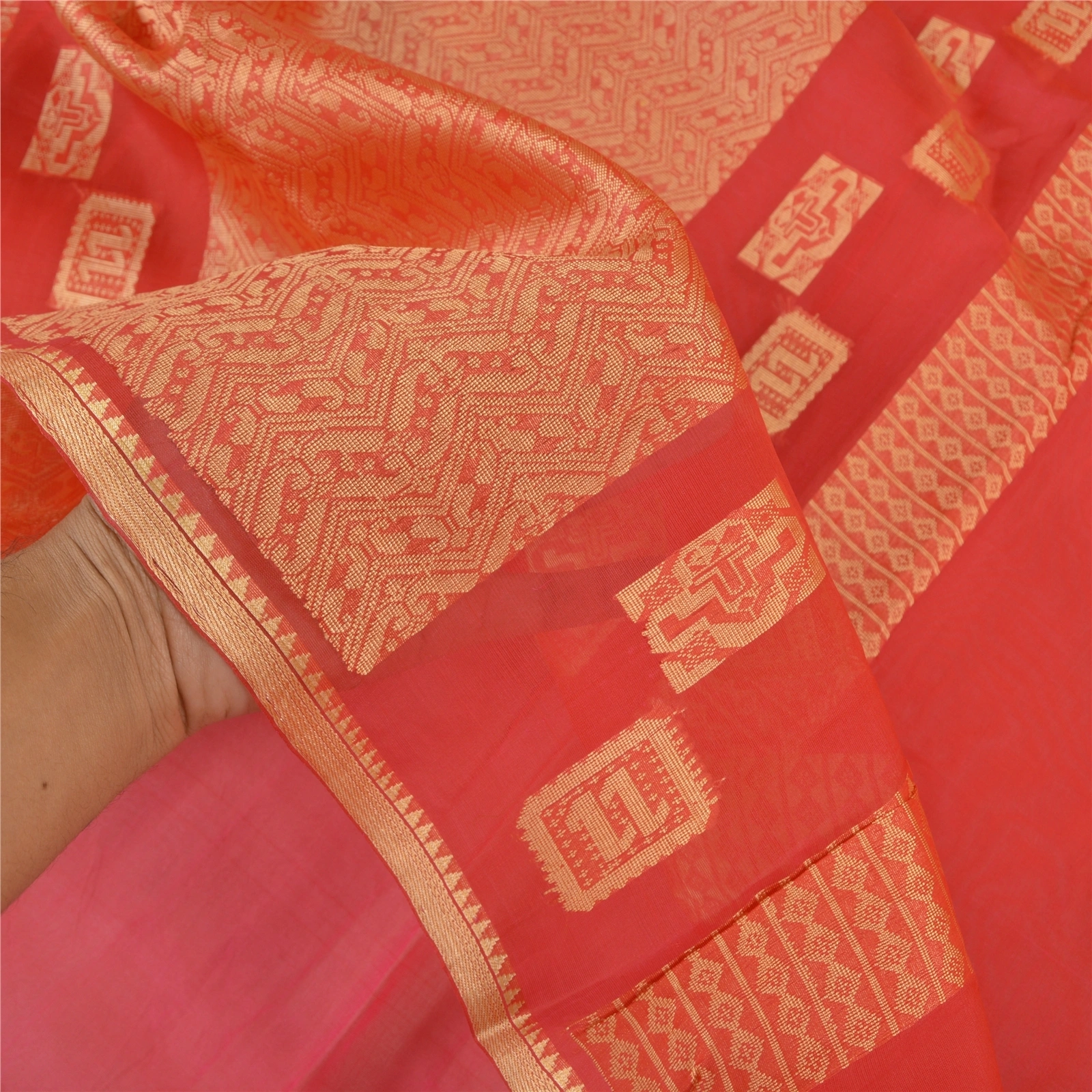 Sanskriti Vintage Red Saree Pure Organza Silk Handwoven Tant Craft Sari Fabric, PS-58079-Red-Hand Embroidered-Pure Organza Silk-4