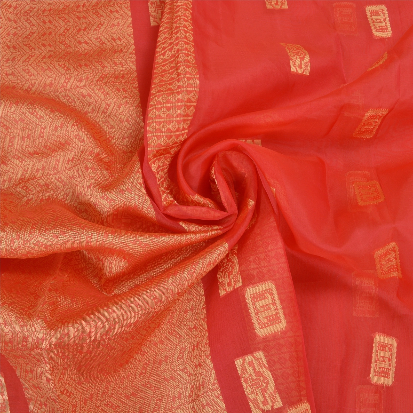 Sanskriti Vintage Red Saree Pure Organza Silk Handwoven Tant Craft Sari Fabric, PS-58079-Red-Hand Embroidered-Pure Organza Silk-6