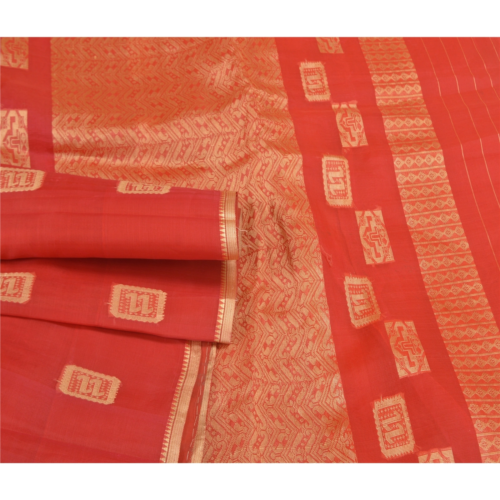 Sanskriti Vintage Red Saree Pure Organza Silk Handwoven Tant Craft Sari Fabric, PS-58079-Red-Hand Embroidered-Pure Organza Silk-7