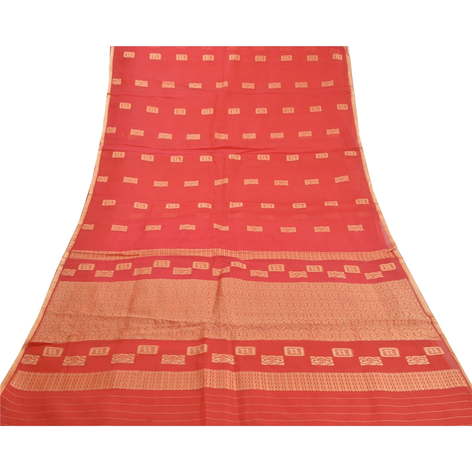 Sanskriti Vintage Red Saree Pure Organza Silk Handwoven Tant Craft Sari Fabric, PS-58079-Red-Hand Embroidered-Pure Organza Silk-8