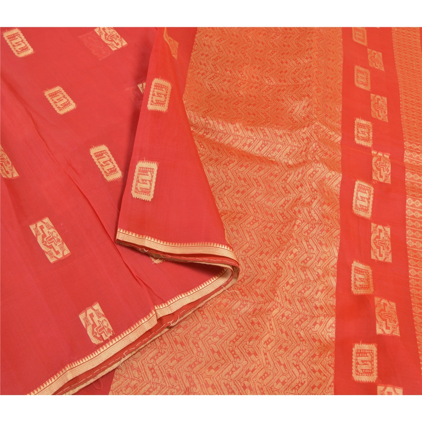 Sanskriti Vintage Red Saree Pure Organza Silk Handwoven Tant Craft Sari Fabric, PS-58079-Red-Hand Embroidered-Pure Organza Silk-9