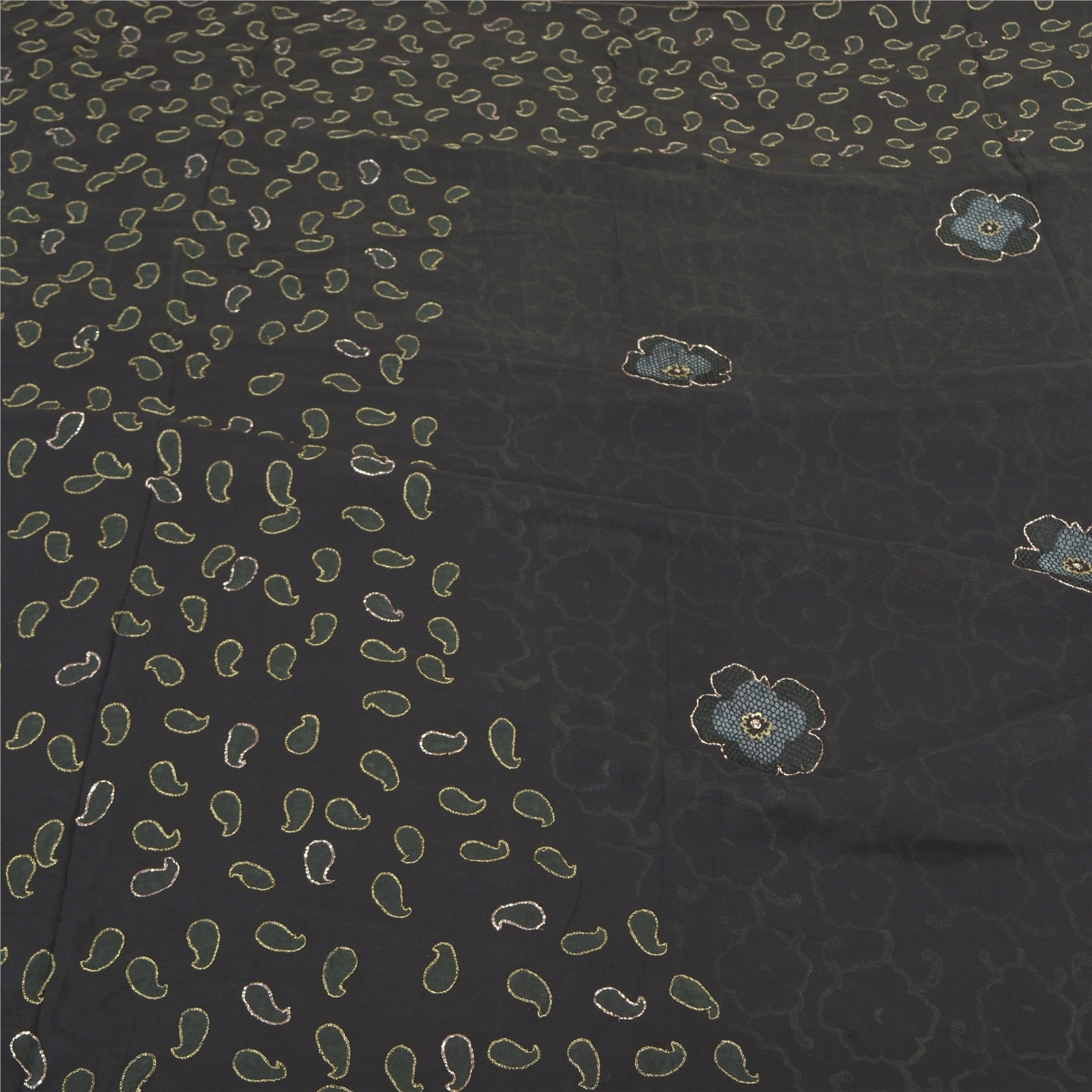 Sanskriti Vintage Black Sarees Pure Georgette Hand Embroidered Craft Sari Fabric, PS-58082-Black-Hand Embroidery-Pure Georgette Silk-3