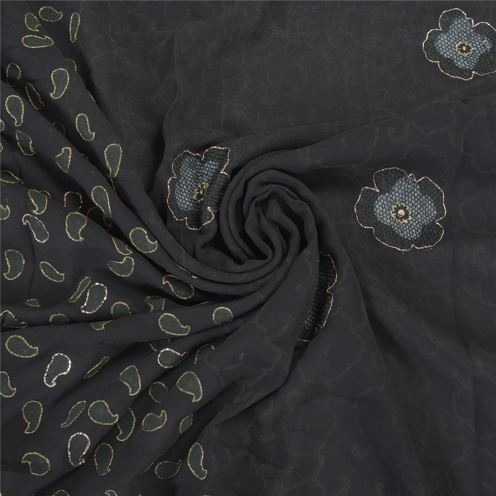 Sanskriti Vintage Black Sarees Pure Georgette Hand Embroidered Craft Sari Fabric, PS-58082-Black-Hand Embroidery-Pure Georgette Silk-6