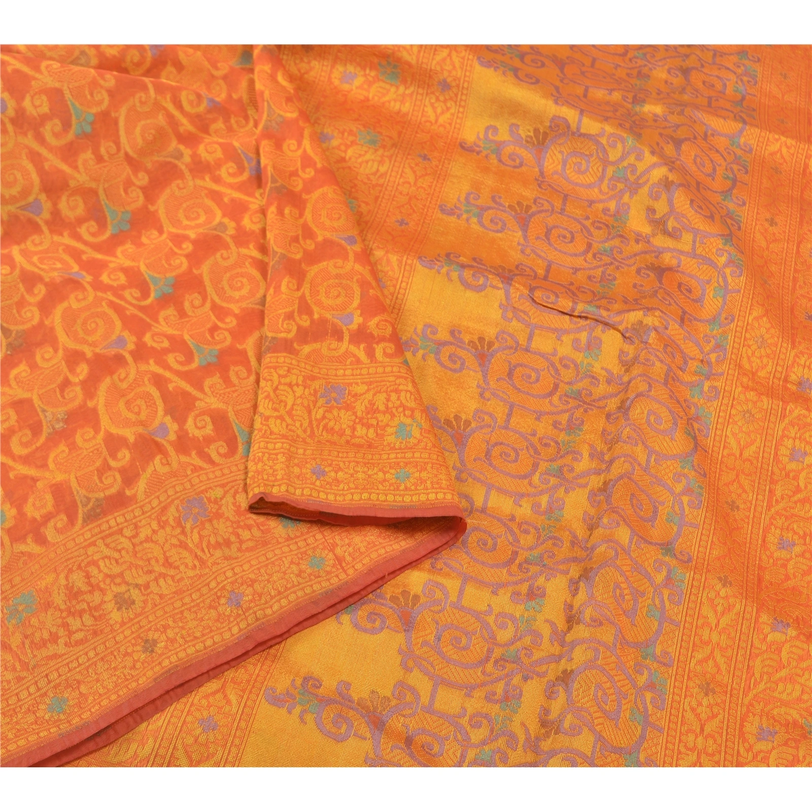 Sanskriti Vintage Orange Sarees Pure Organza Silk Hand-Woven Premium Sari Fabric, PS-58088-Orange-Hand-Woven Work-100% Pure Organza Silk-9